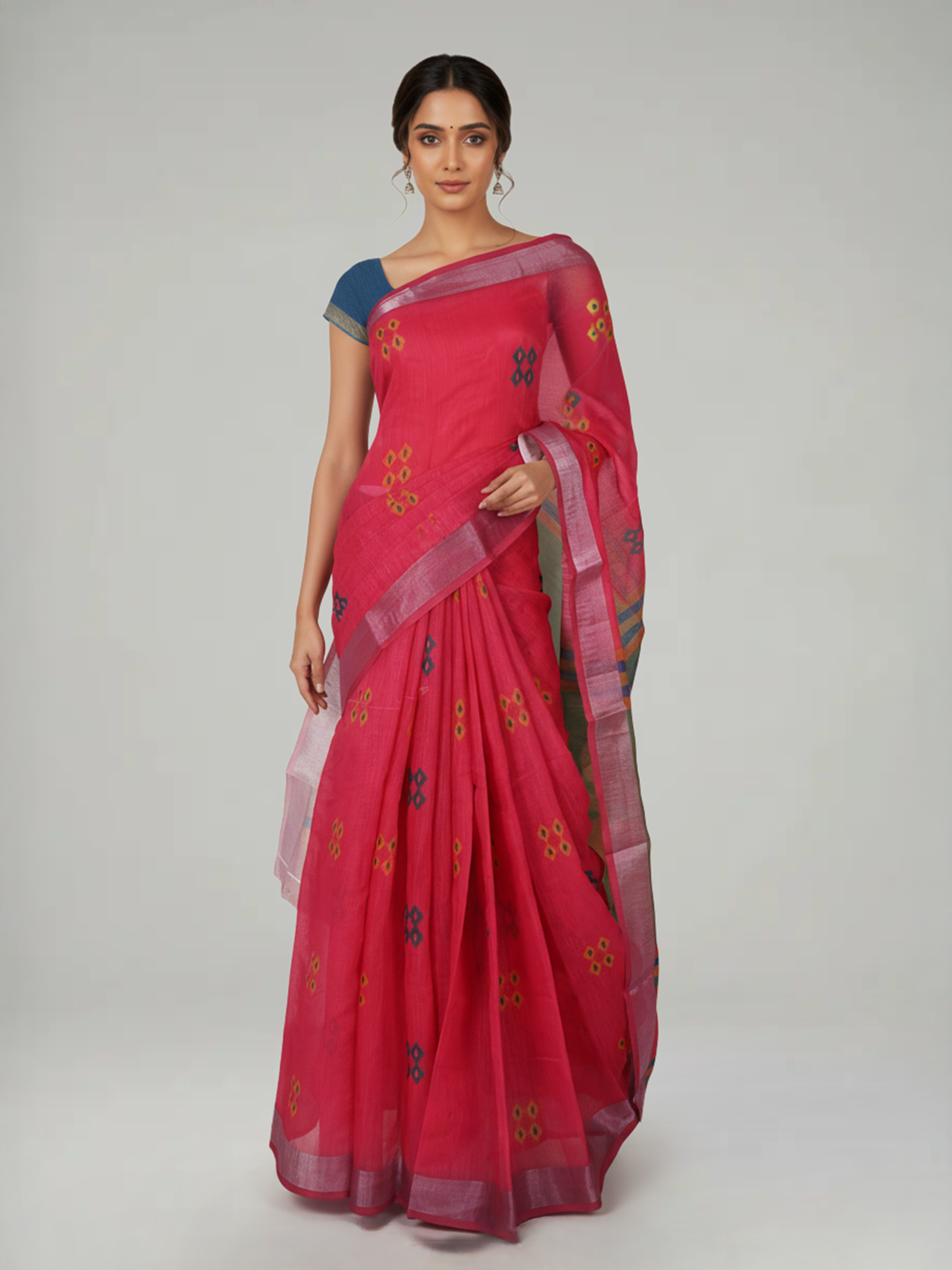 Pink Semi Linen Saree With Printed Butta Design