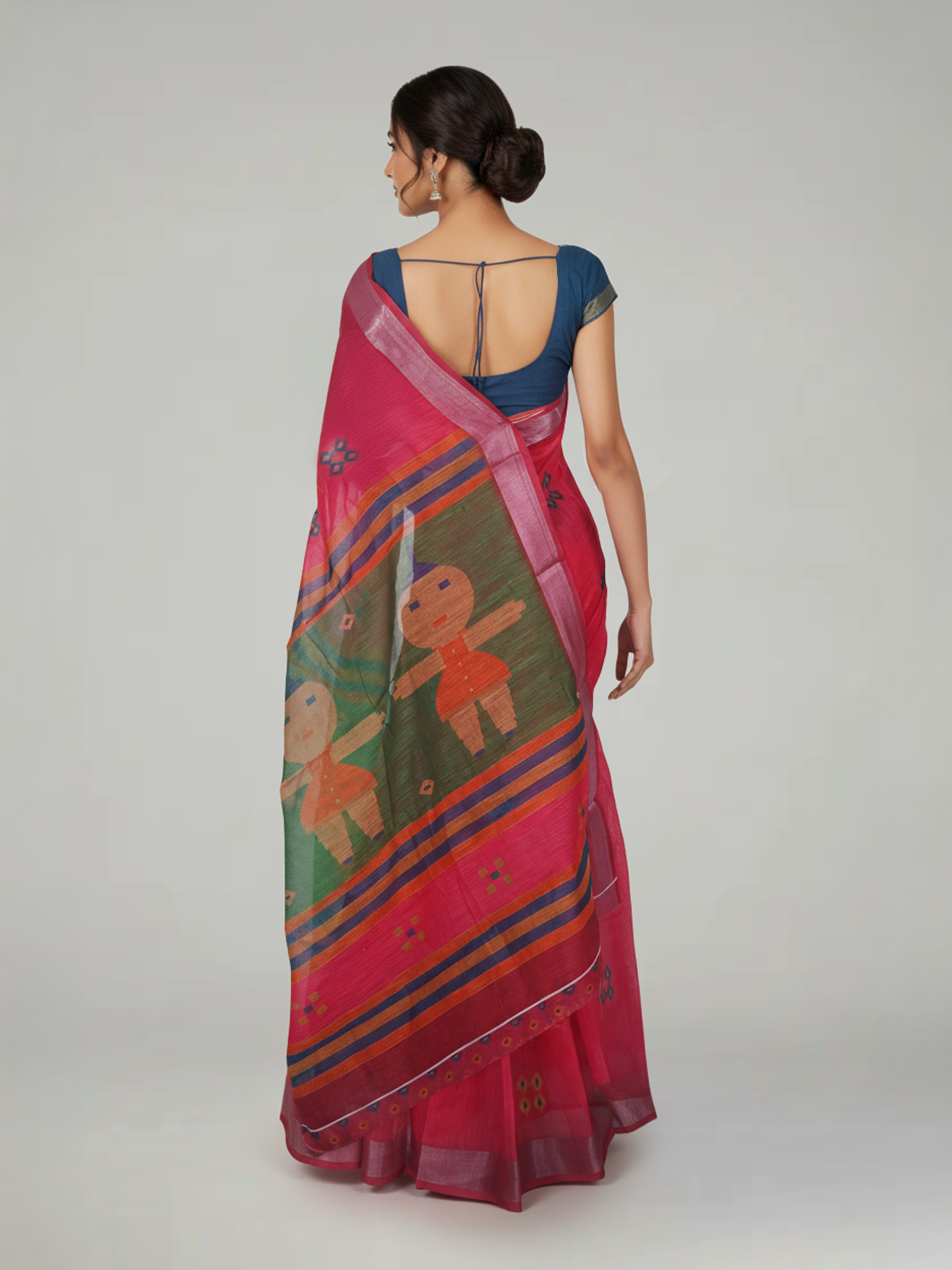 Pink Semi Linen Saree With Printed Butta Design