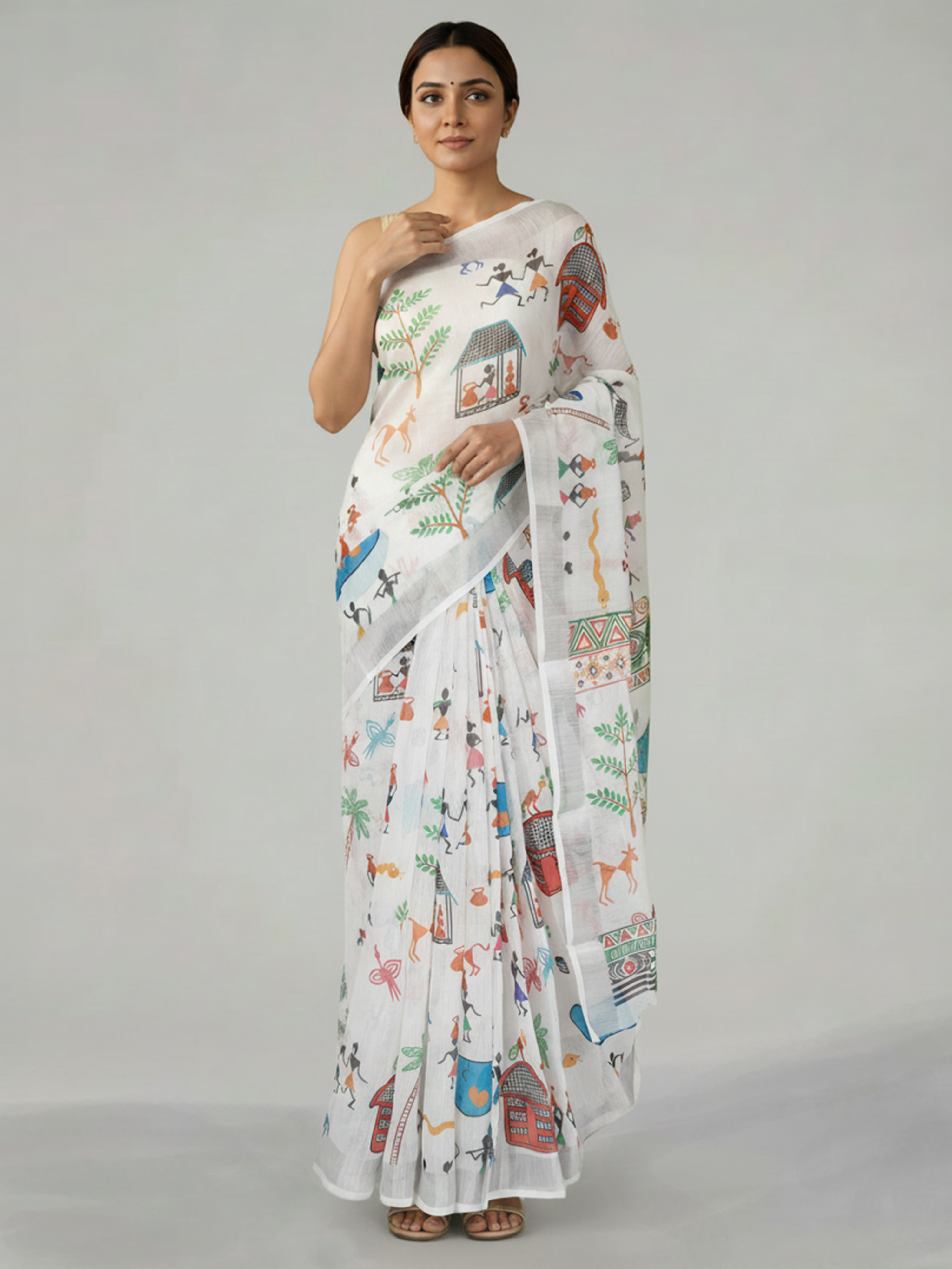 White Semi Linen Saree With Warli Print Design