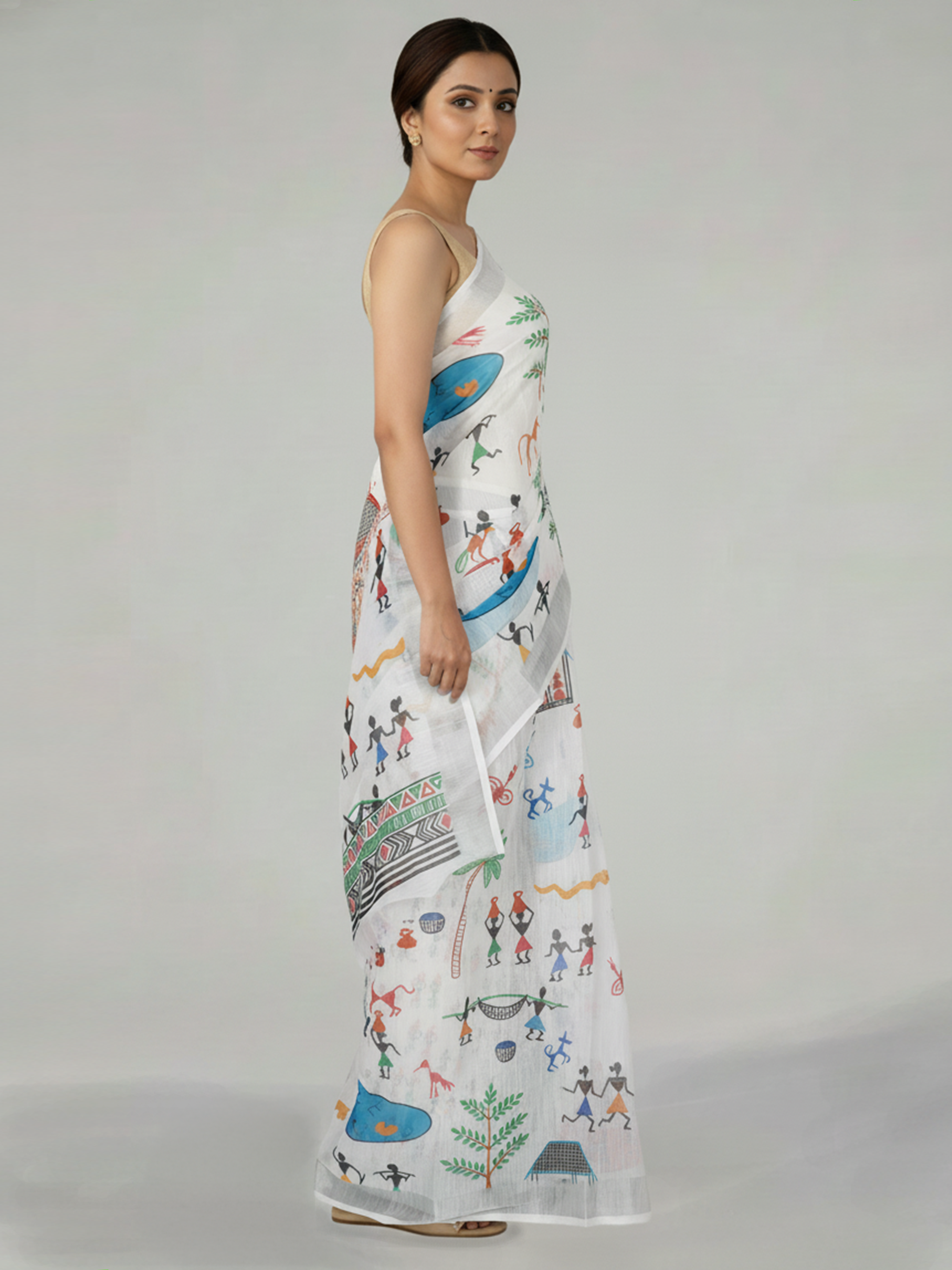 White Semi Linen Saree With Warli Print Design