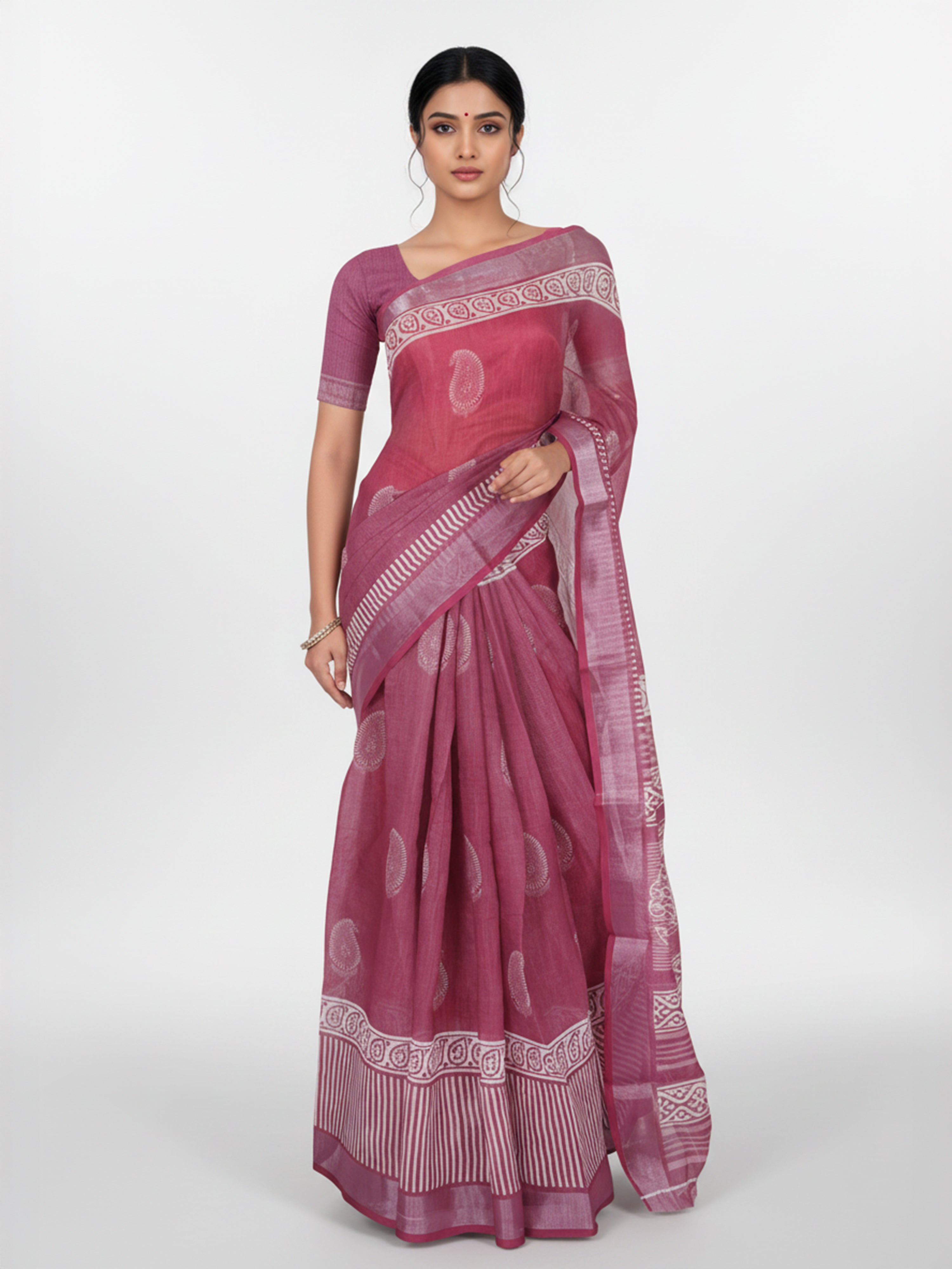 Onion Pink Semi Linen Saree