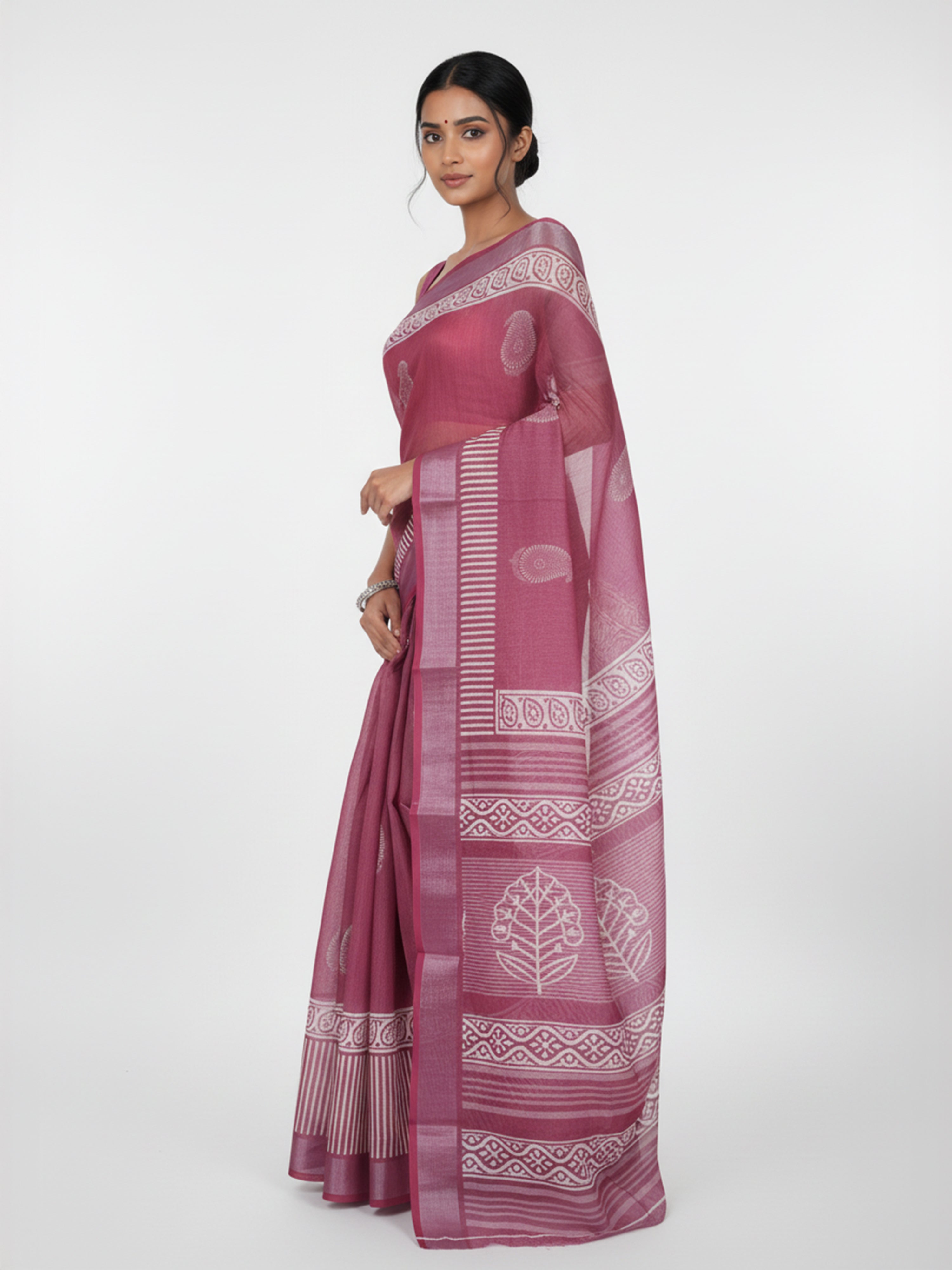 Onion Pink Semi Linen Saree