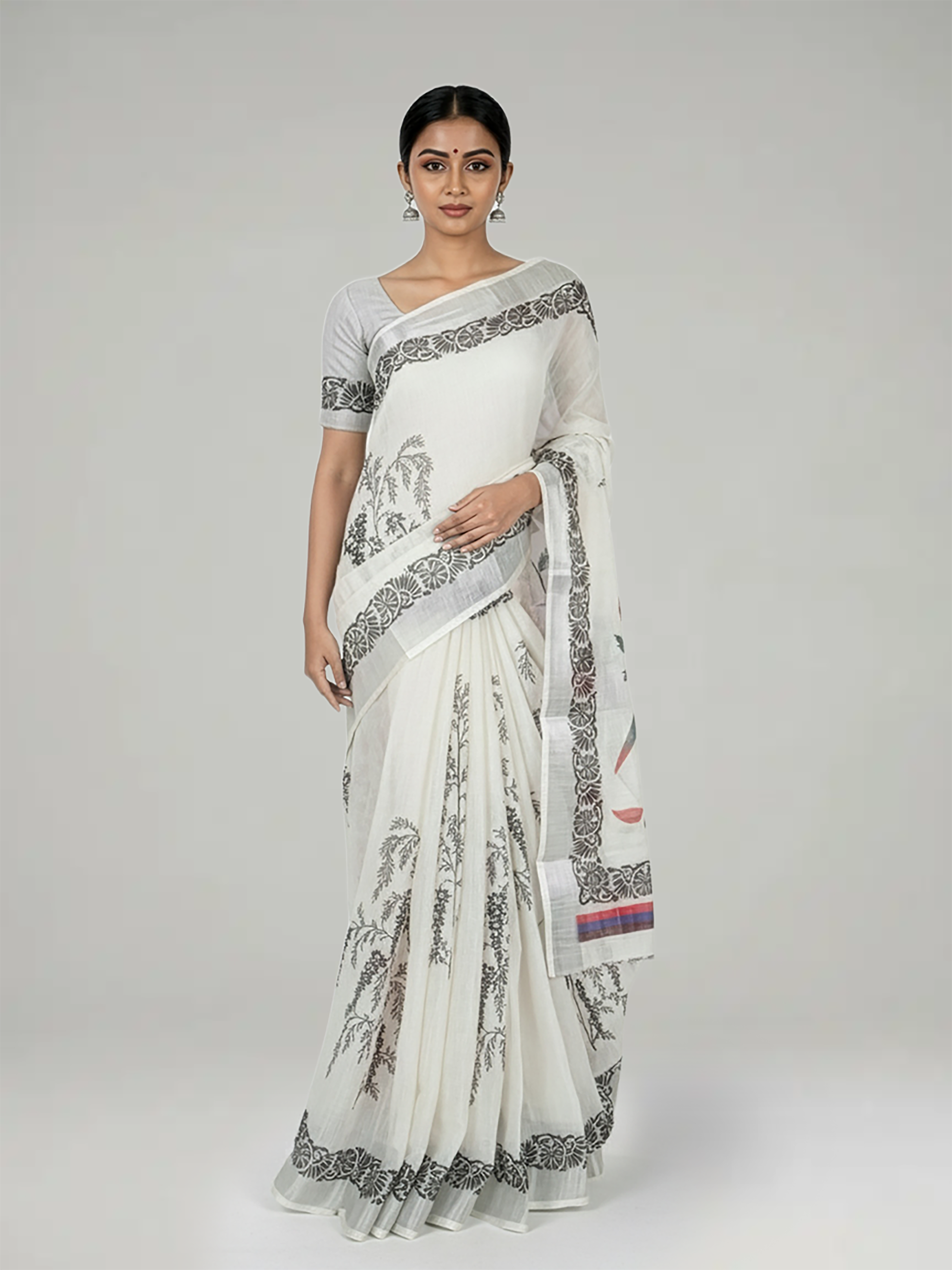 Off White Printed Semi Linen Saree