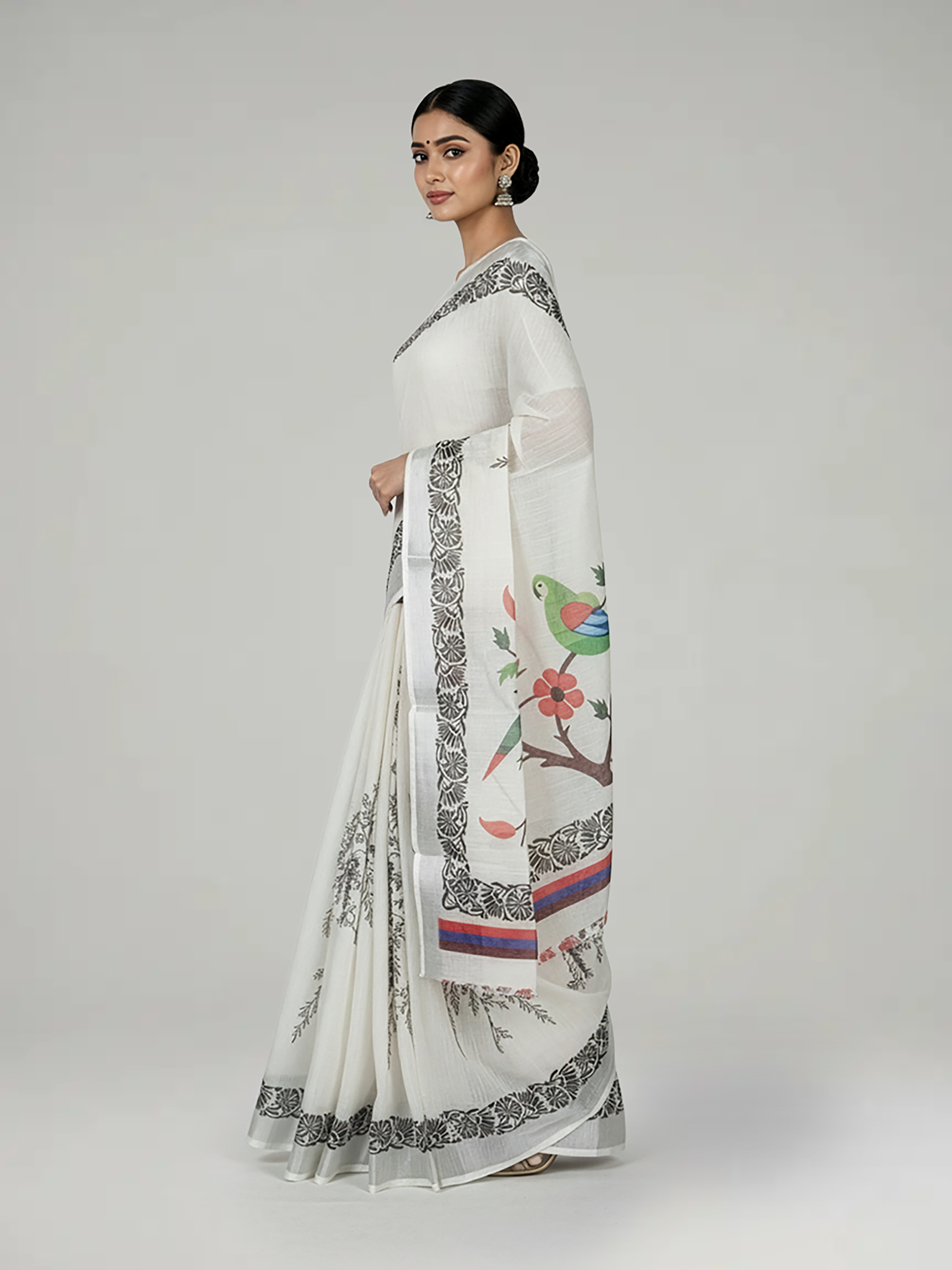 Off White Printed Semi Linen Saree