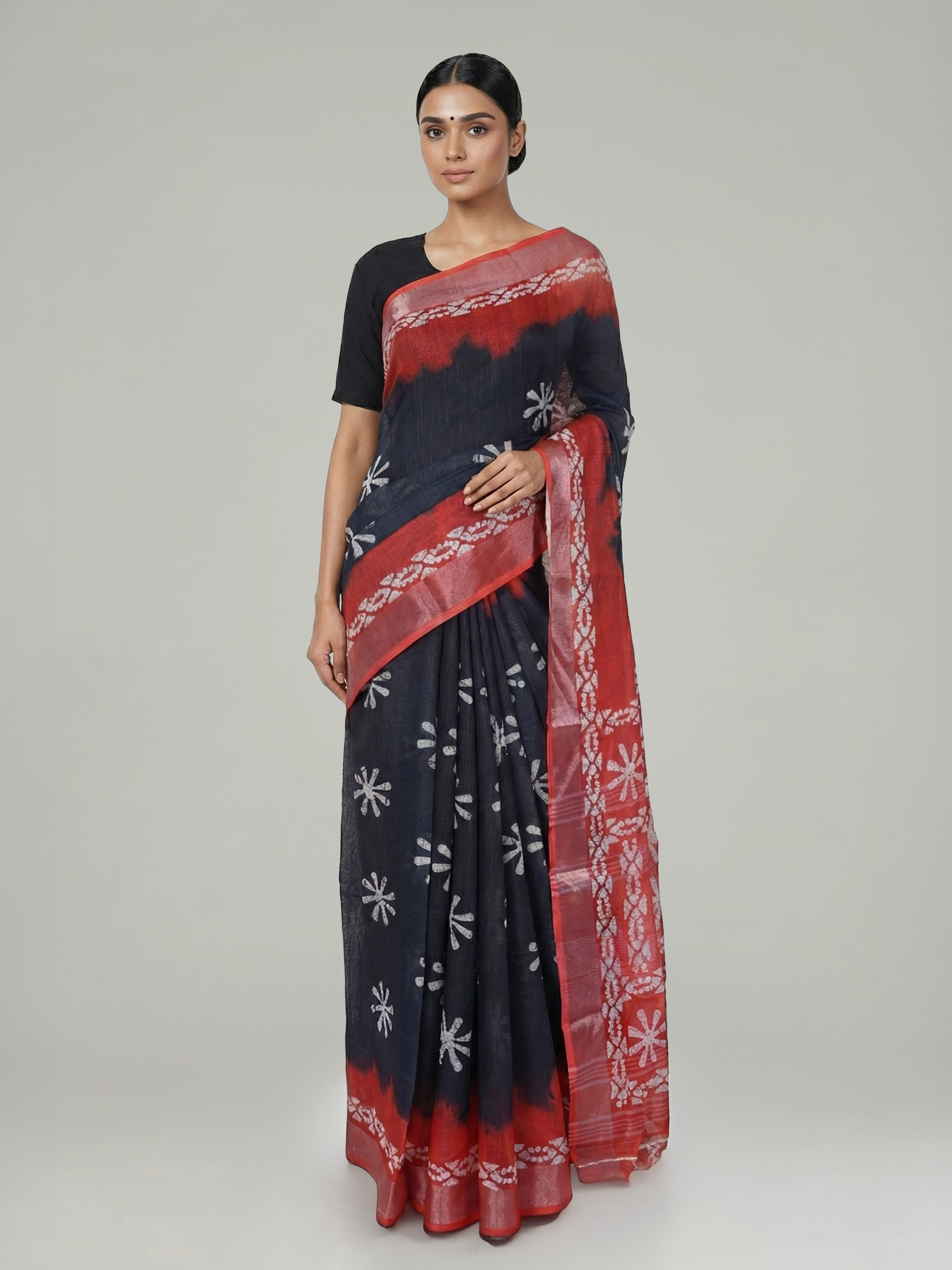 Dark Slate & Red Semi Linen Saree