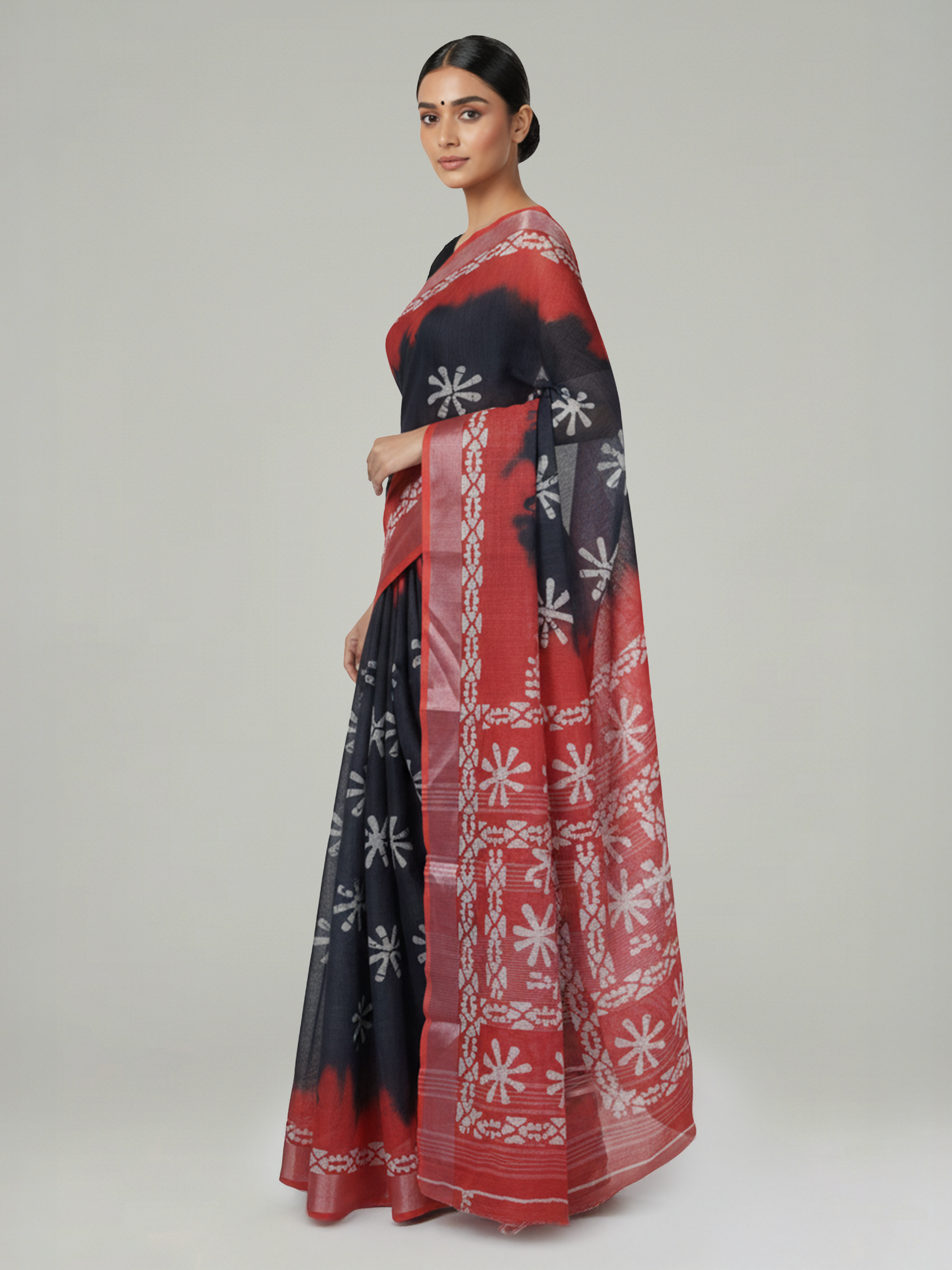 Dark Slate & Red Semi Linen Saree