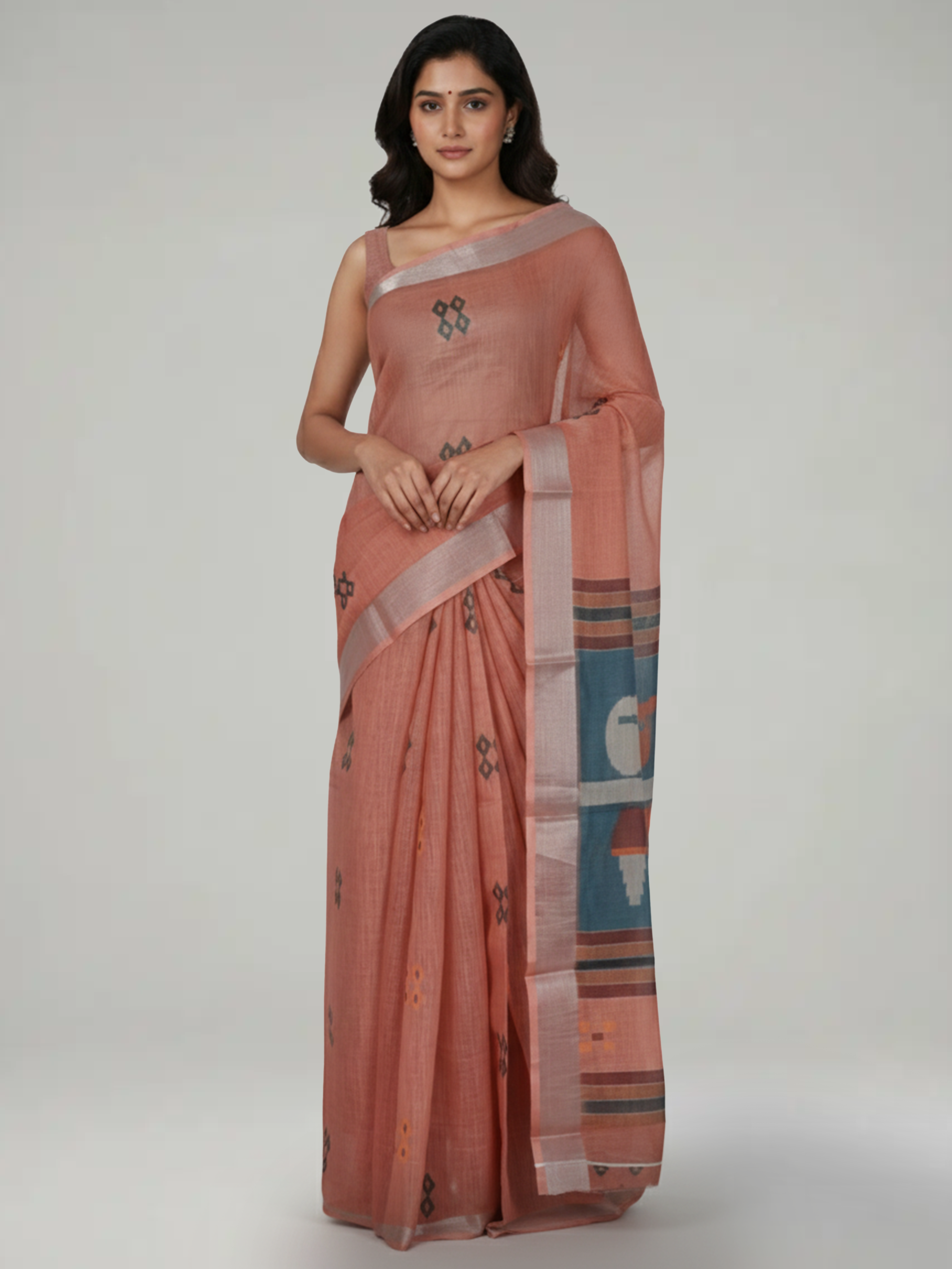 Melon Peach Semi Linen Saree
