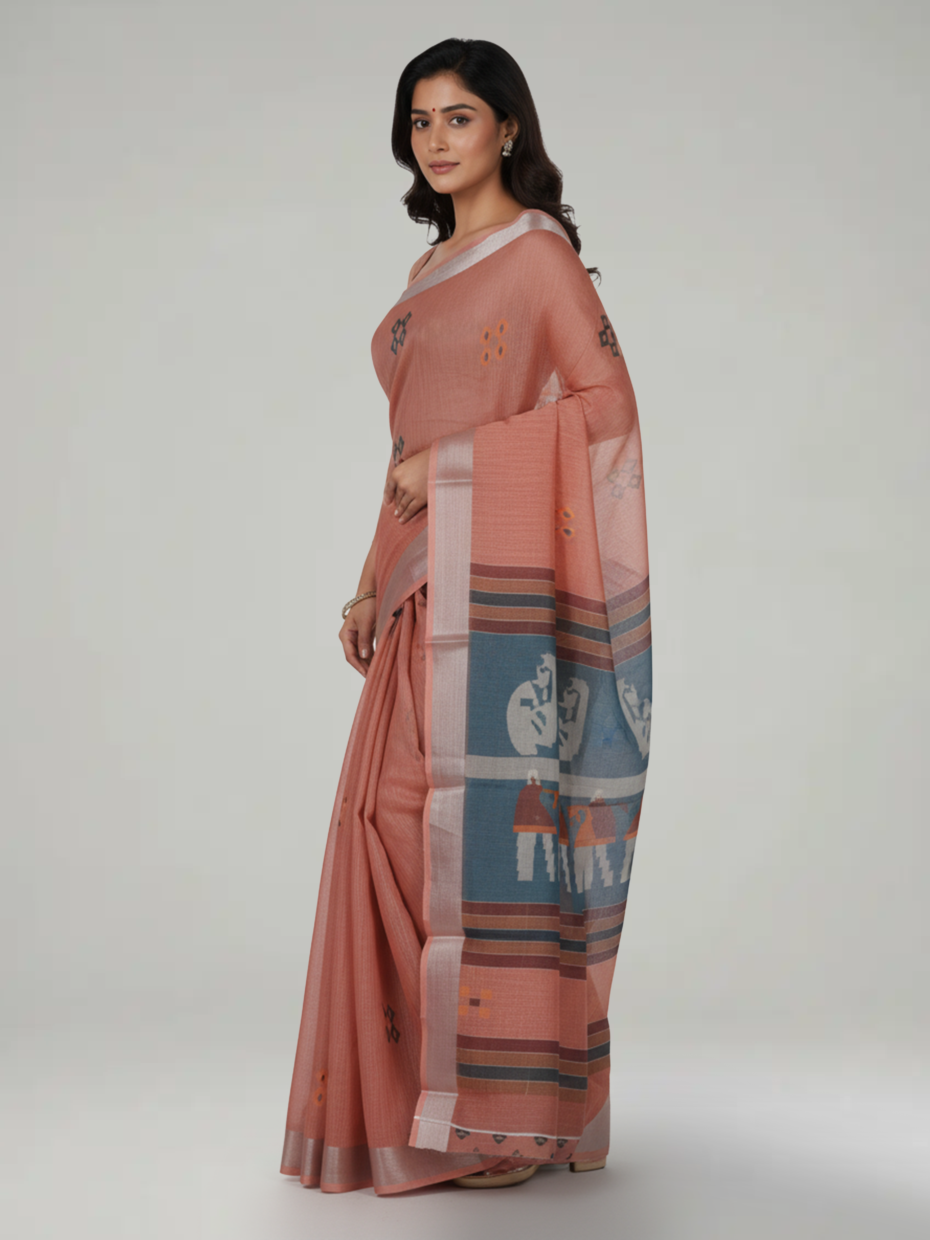 Melon Peach Semi Linen Saree