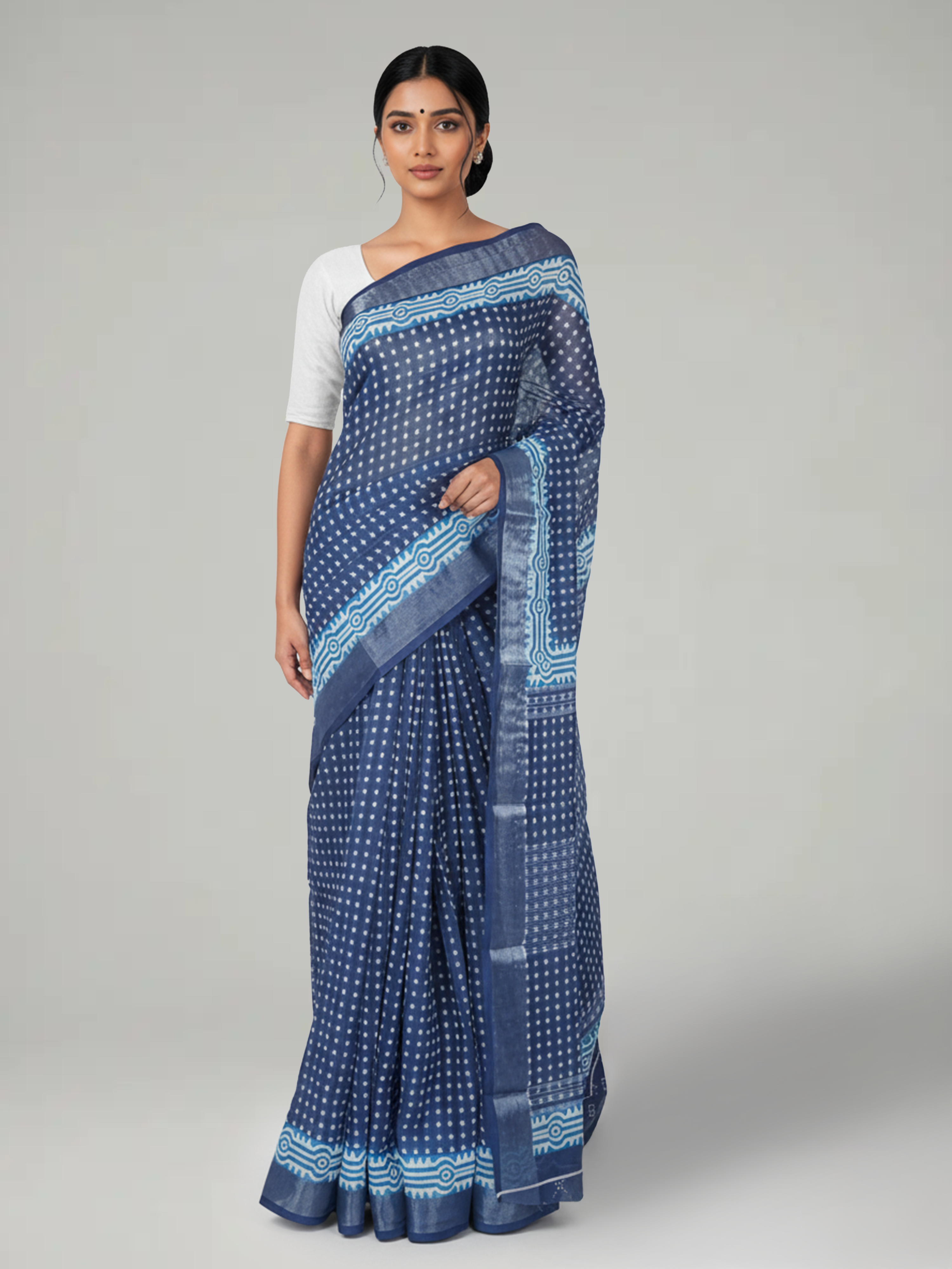 Indigo Blue Printed Semi Linen Saree
