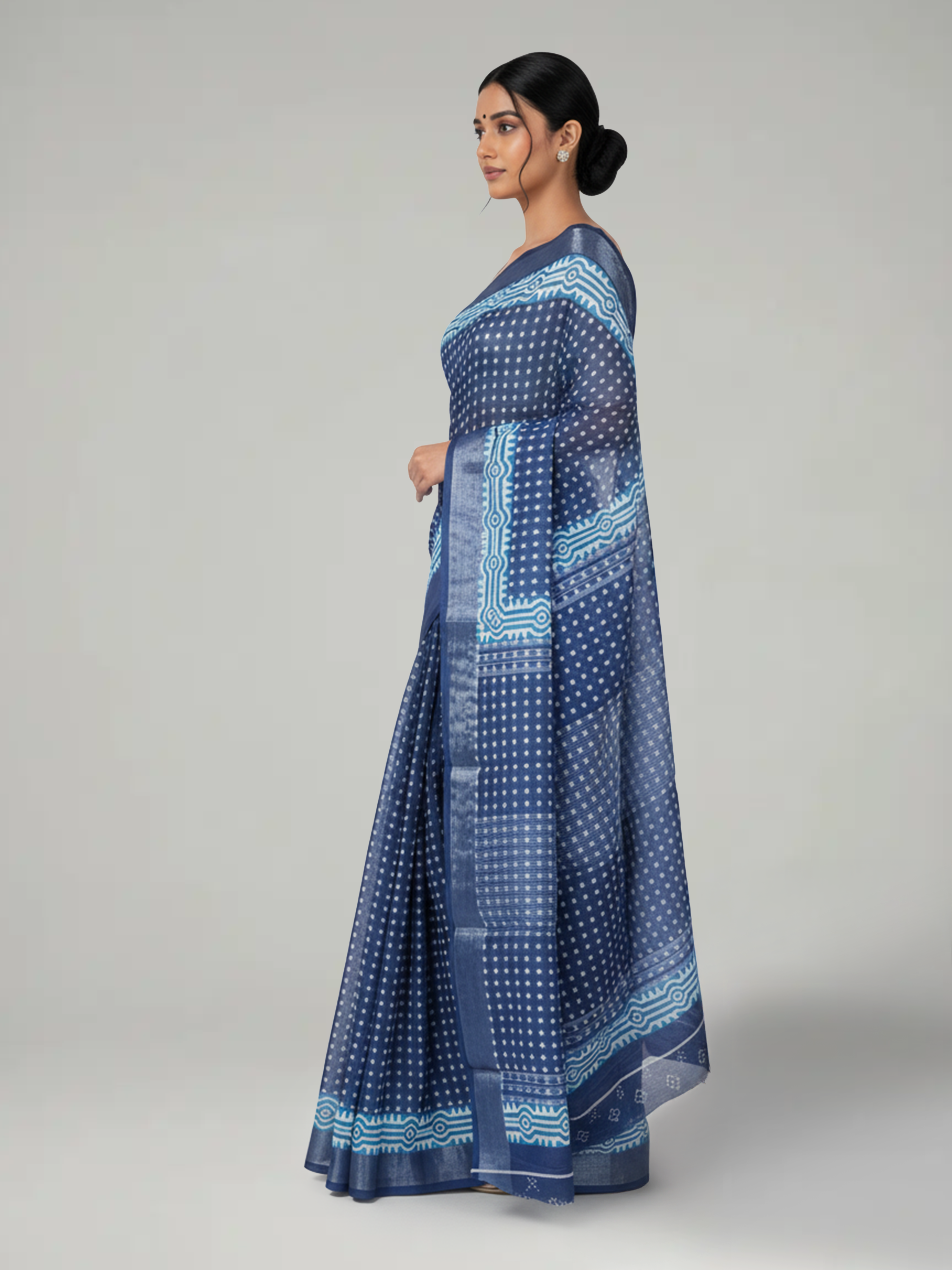 Indigo Blue Printed Semi Linen Saree