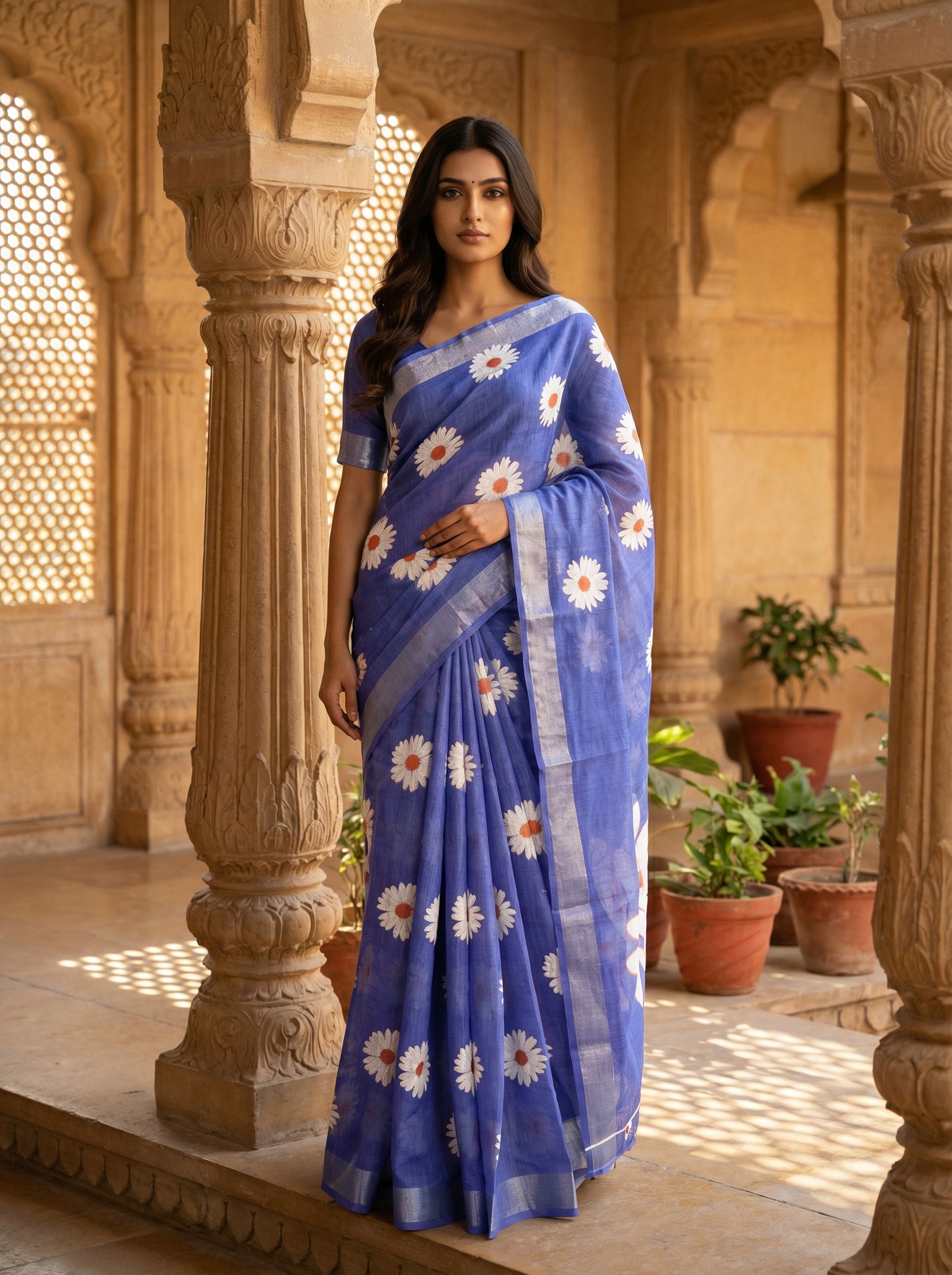 Royal Blue Semi Linen Floral Printed Saree with Self Silver Bavanji Border