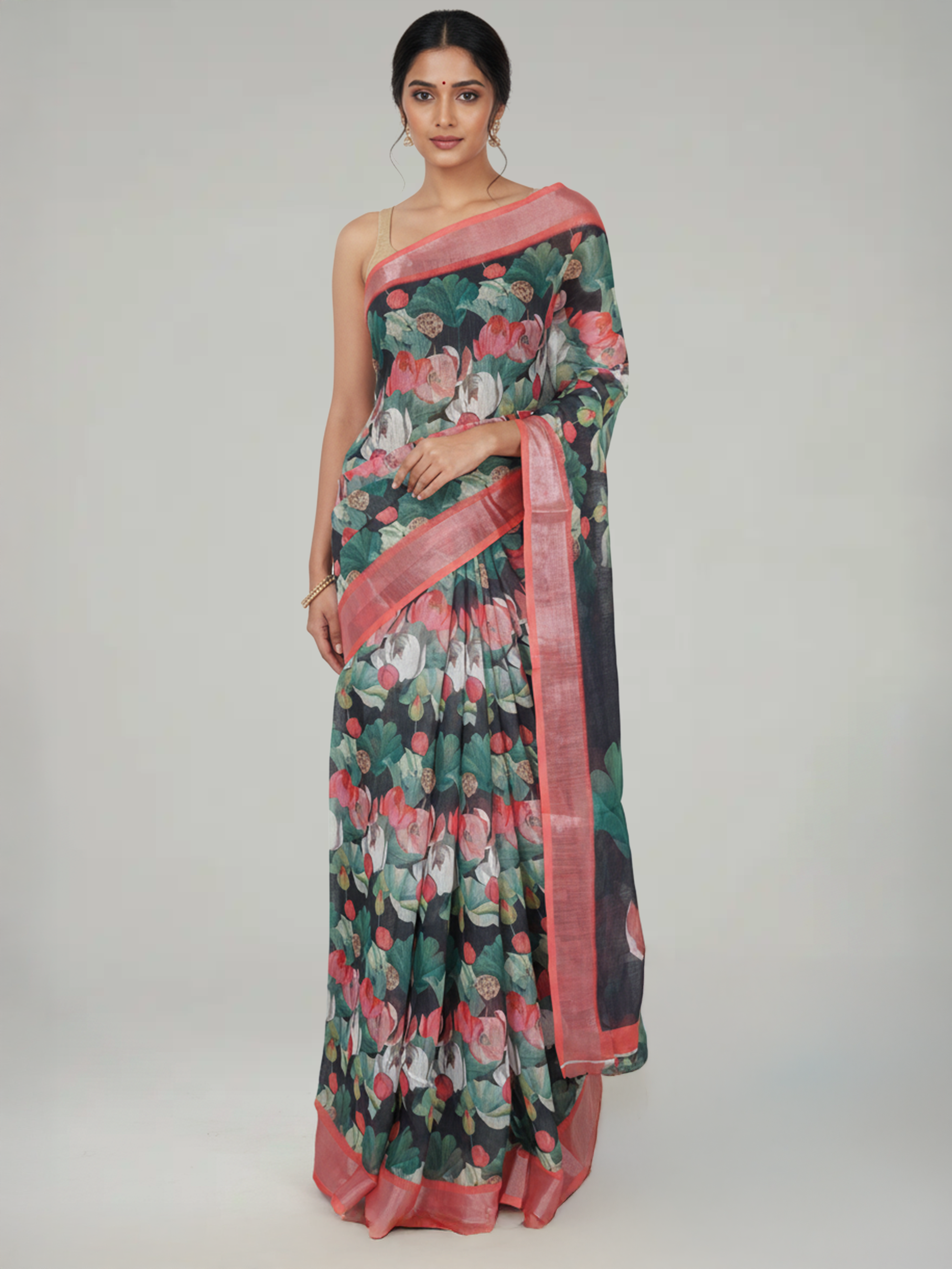 Black Printed Semi Linen Saree