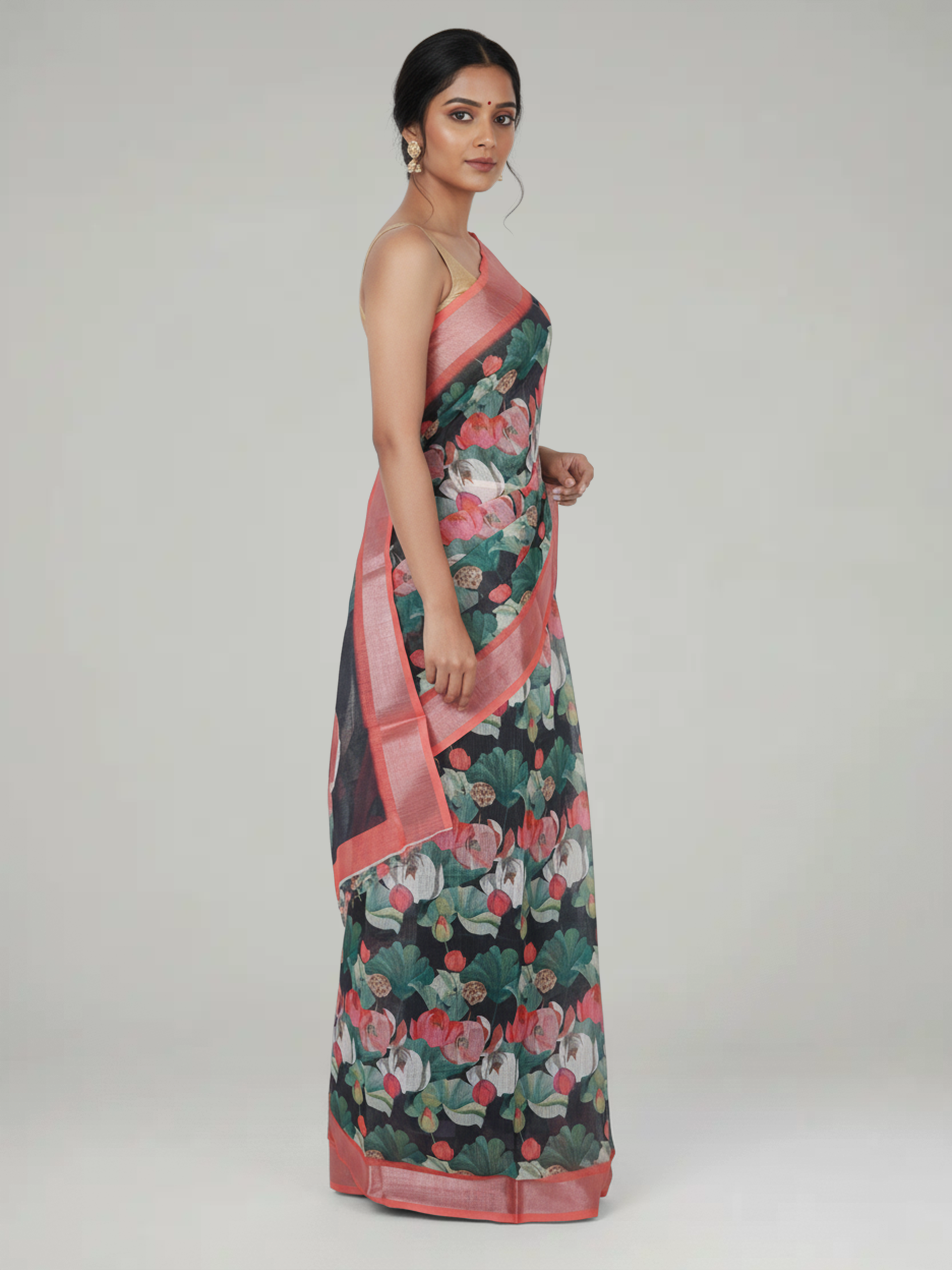 Black Printed Semi Linen Saree