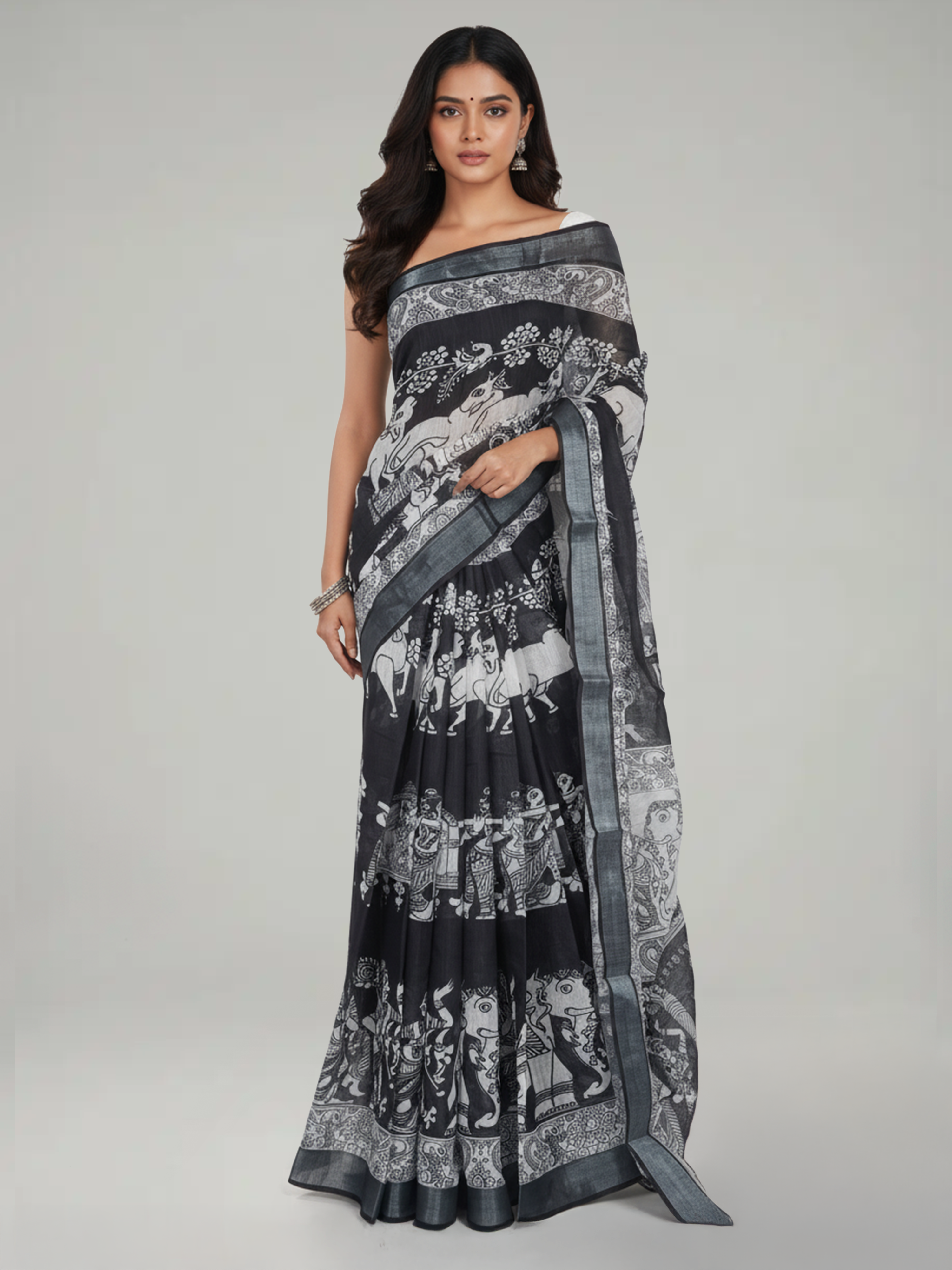 Black Printed Semi Linen Saree With Printed Pallu