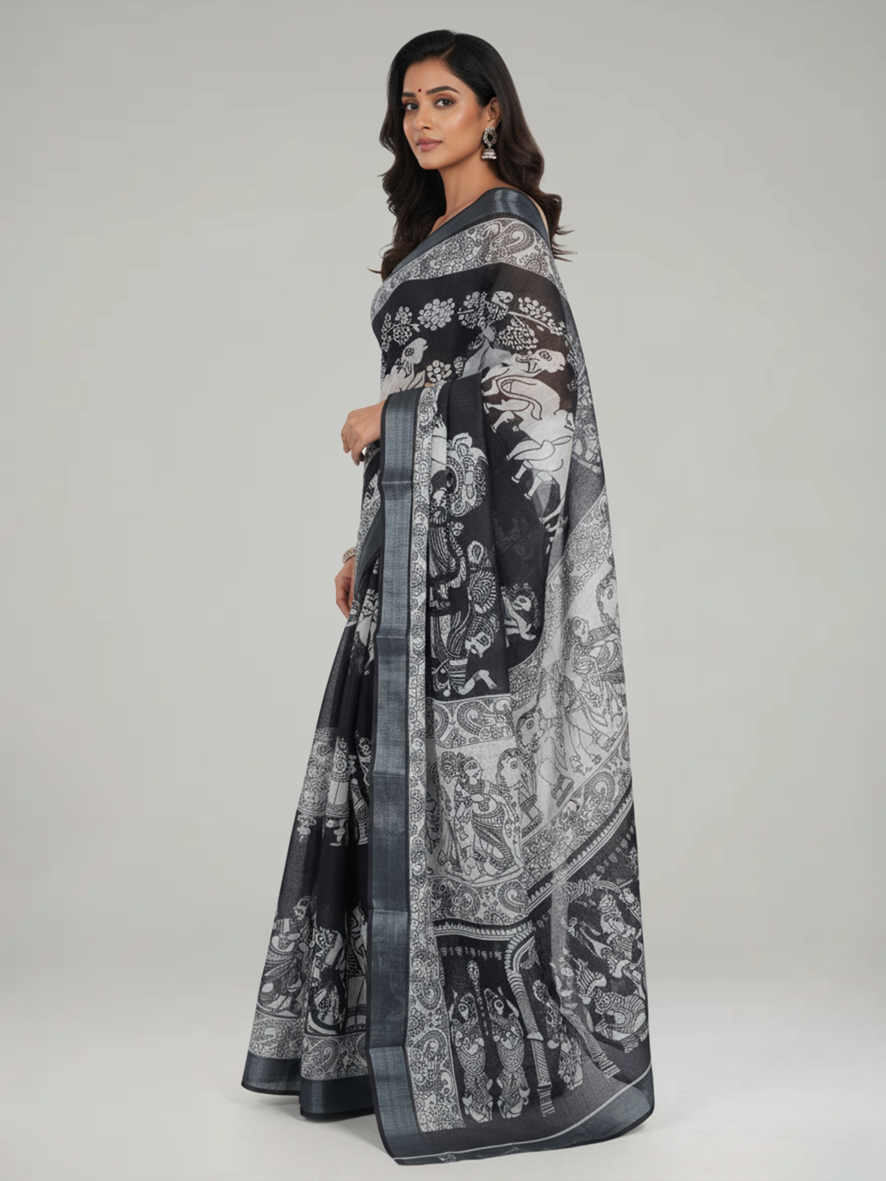 Black Printed Semi Linen Saree With Printed Pallu