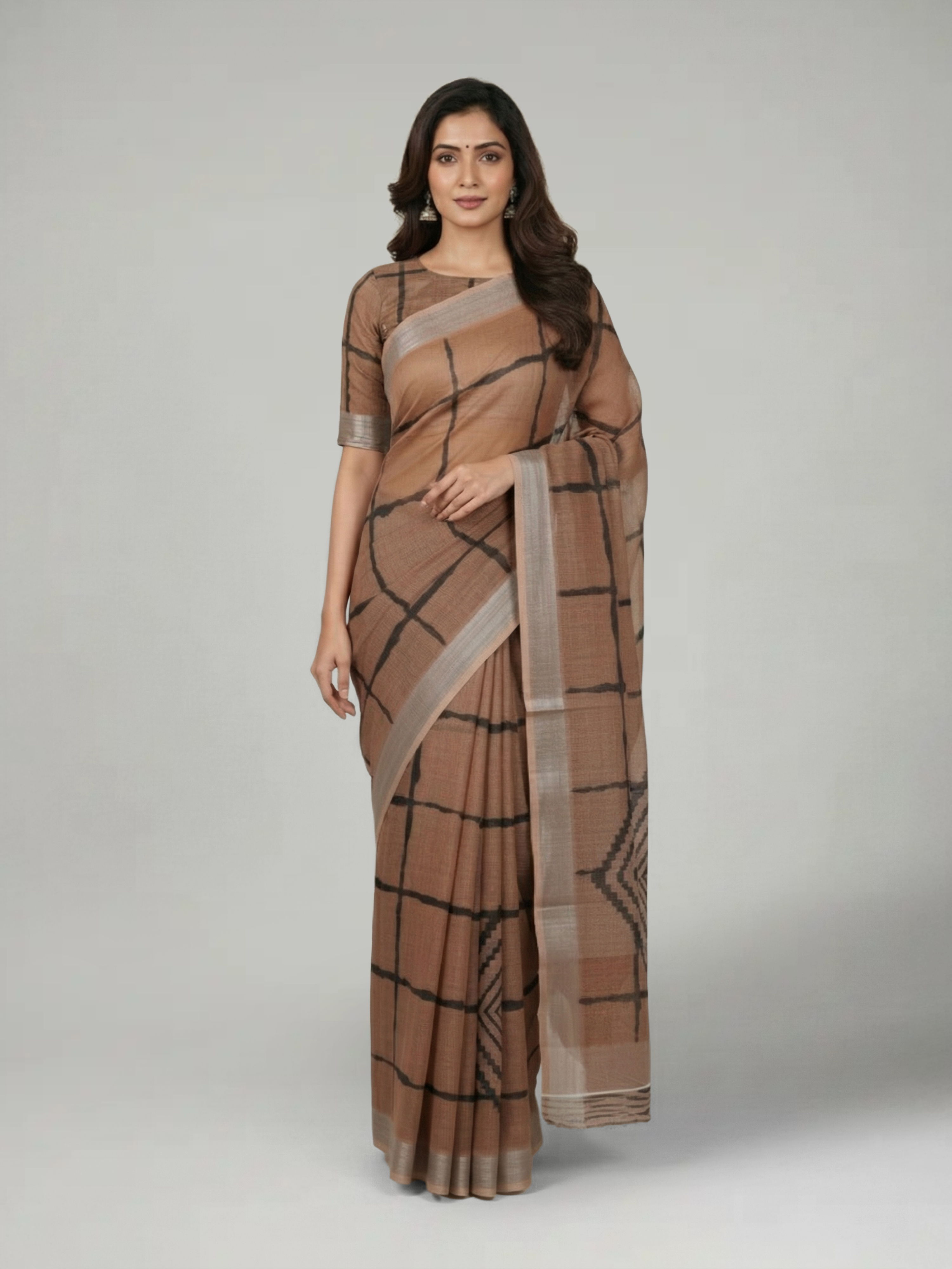 Ash Brown Semi Linen Saree