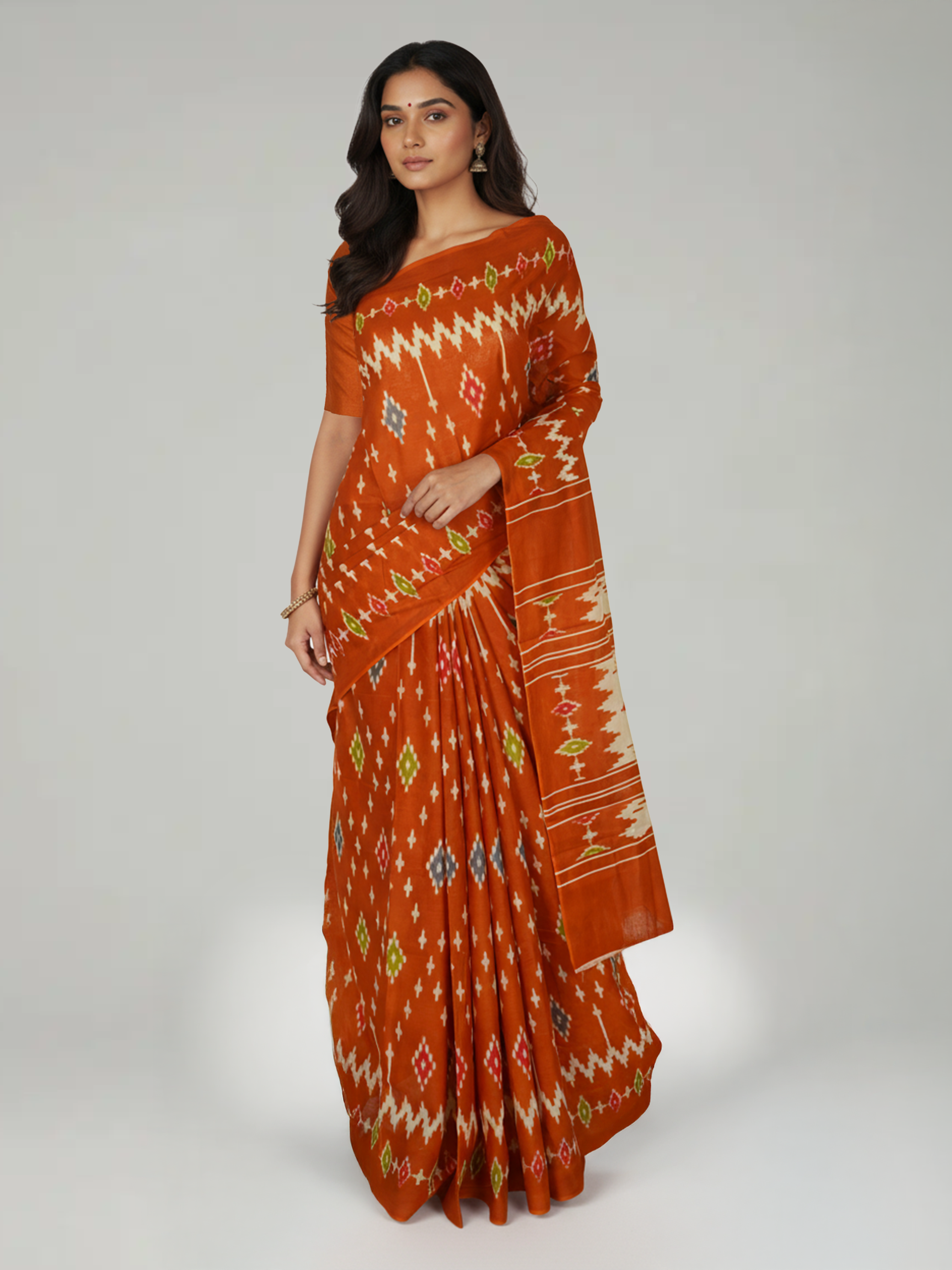 Rust Orange Soft Cotton Saree With Ikat Pattern