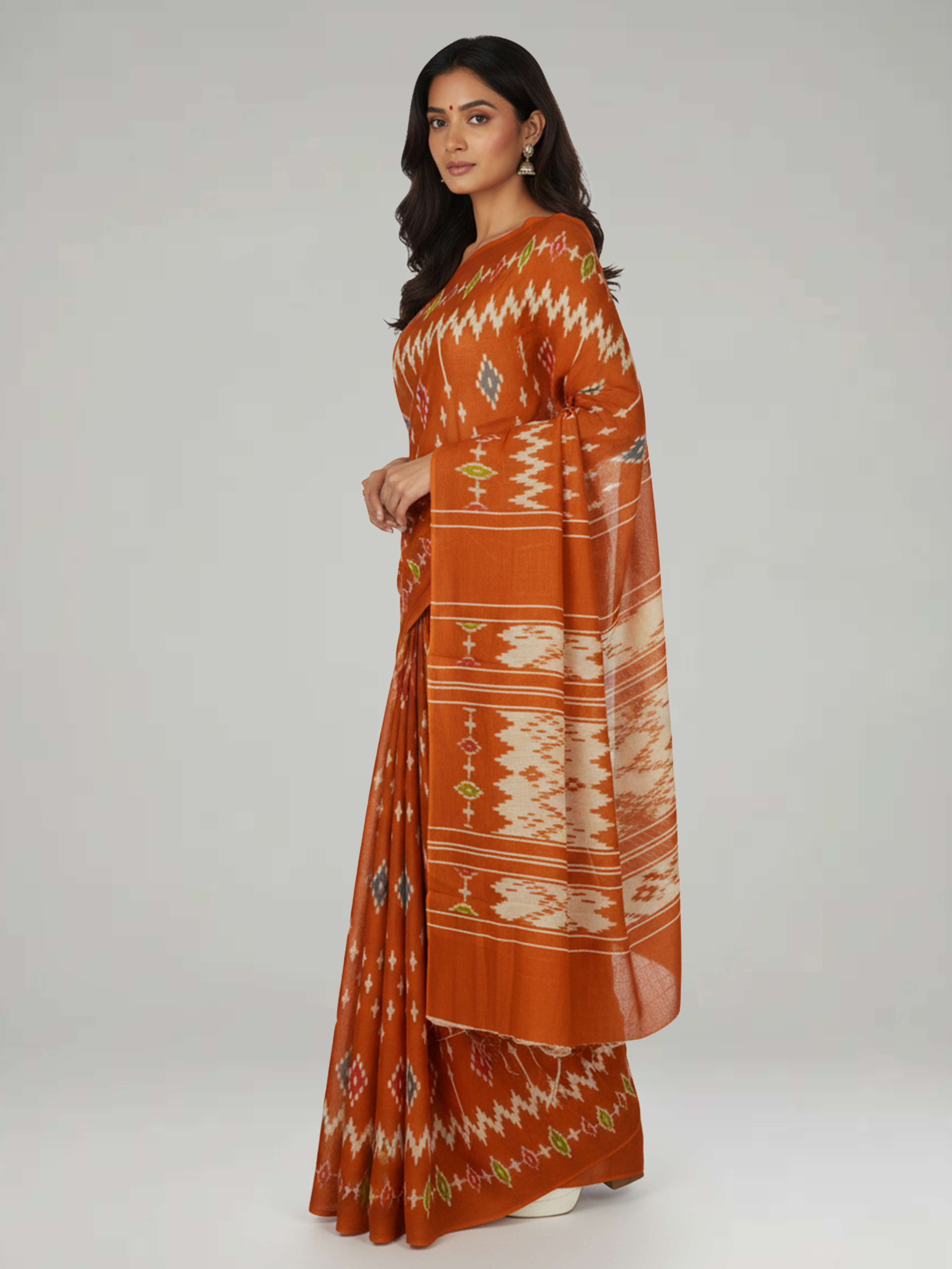 Rust Orange Soft Cotton Saree With Ikat Pattern