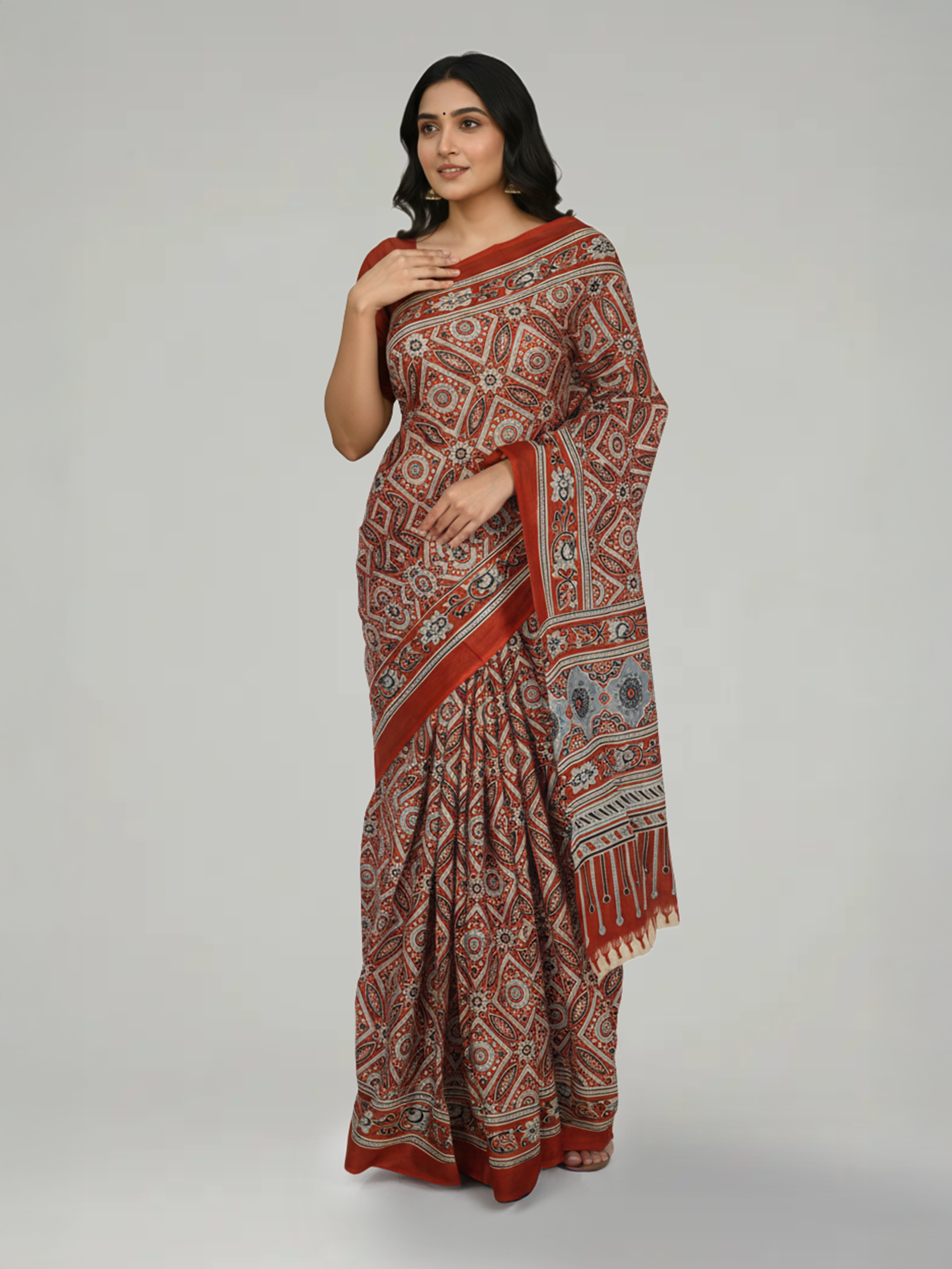 Rust Shade Soft Cotton Saree With Ajarakh Print