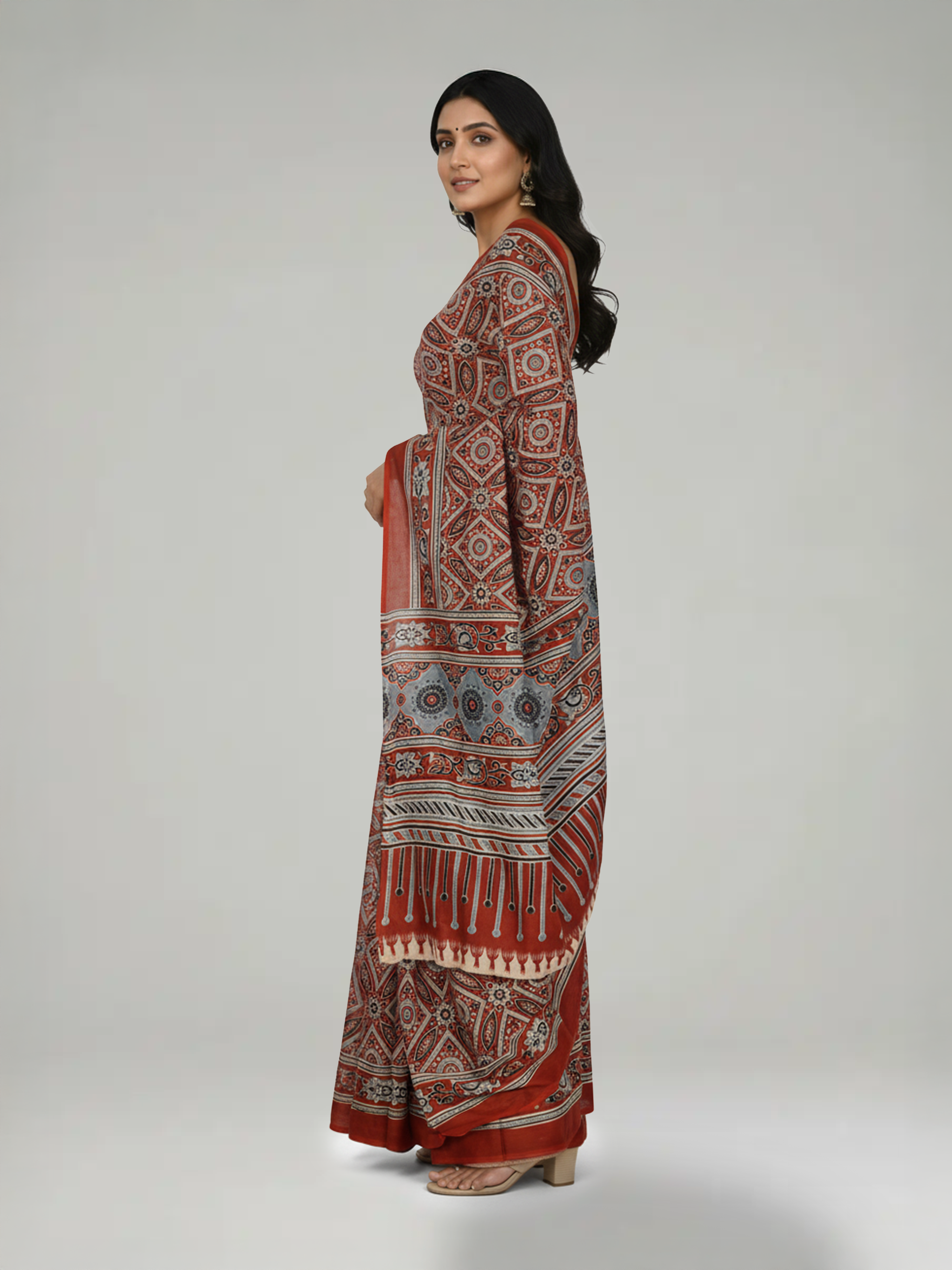 Rust Shade Soft Cotton Saree With Ajarakh Print