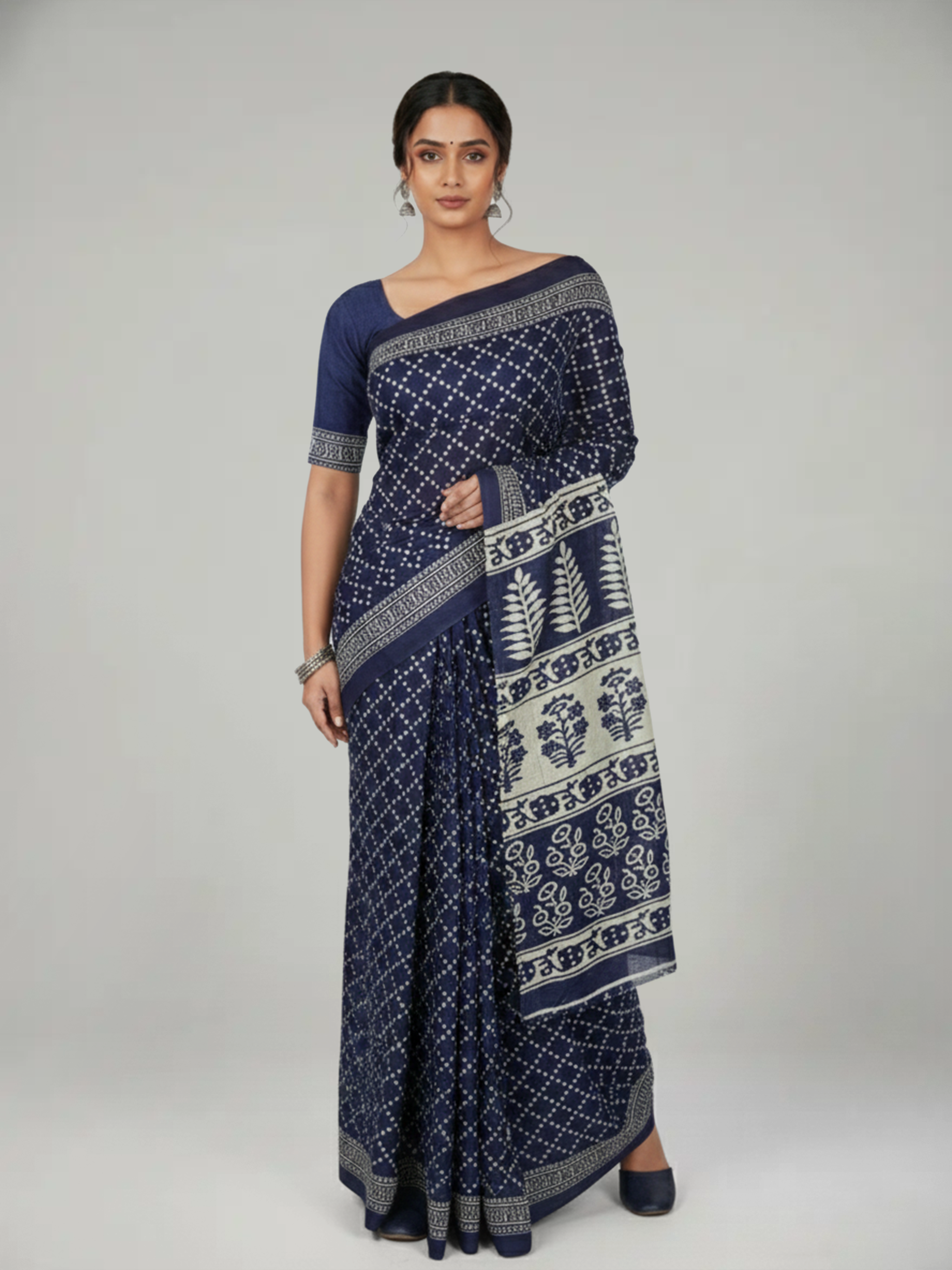 Navy Blue Soft Cotton Saree With Dotted Check Pattern
