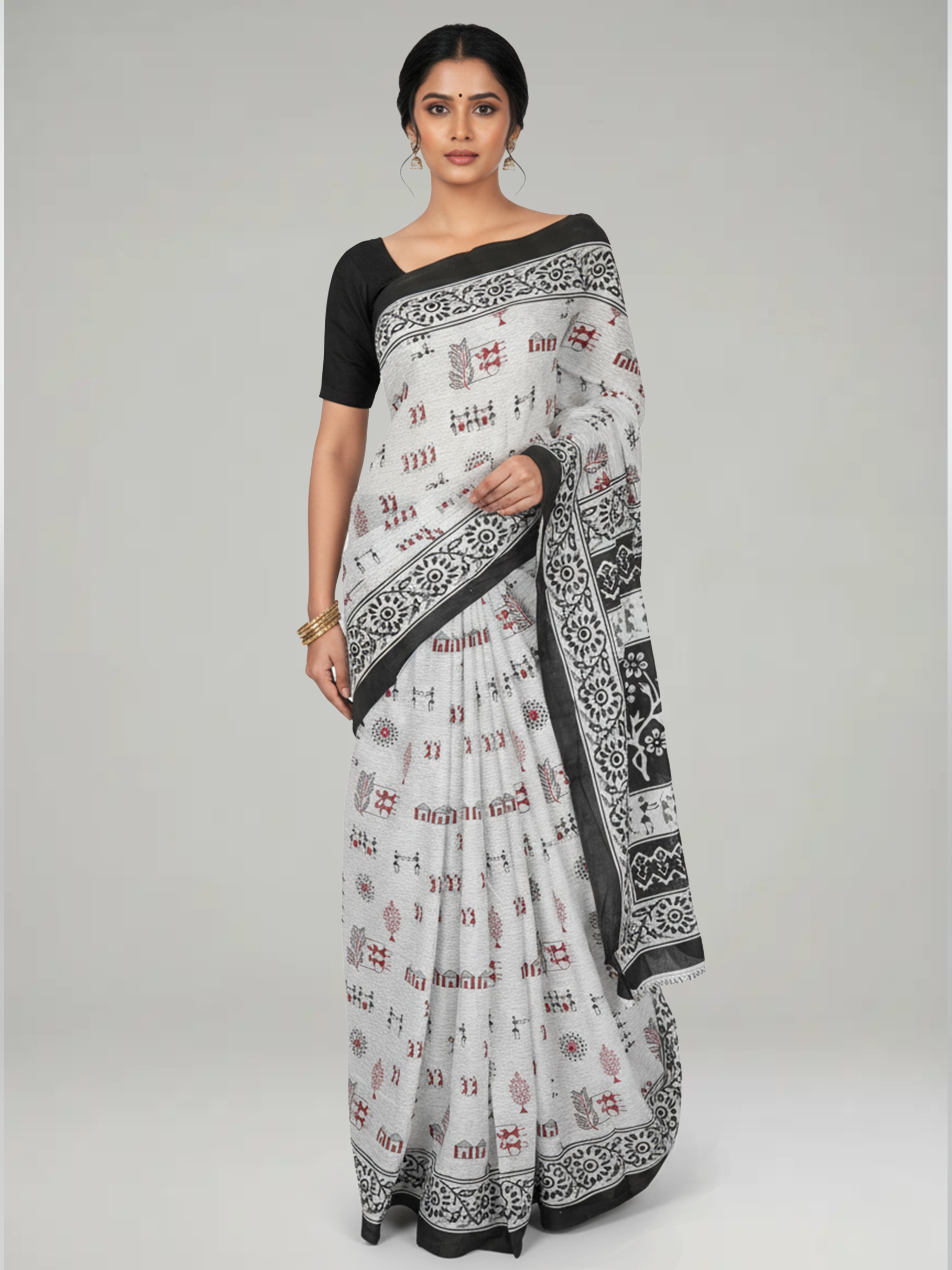 White Soft Cotton Saree With Warli Print