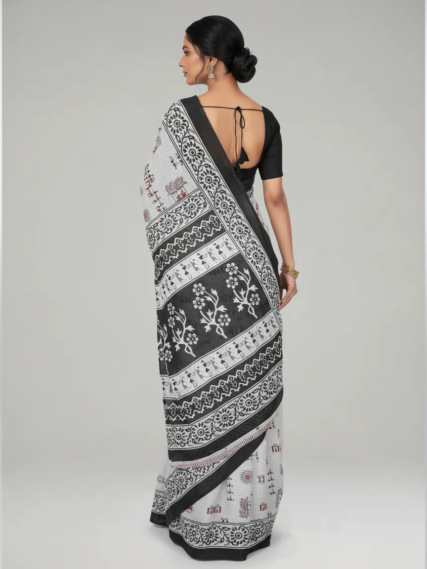 White Soft Cotton Saree With Warli Print