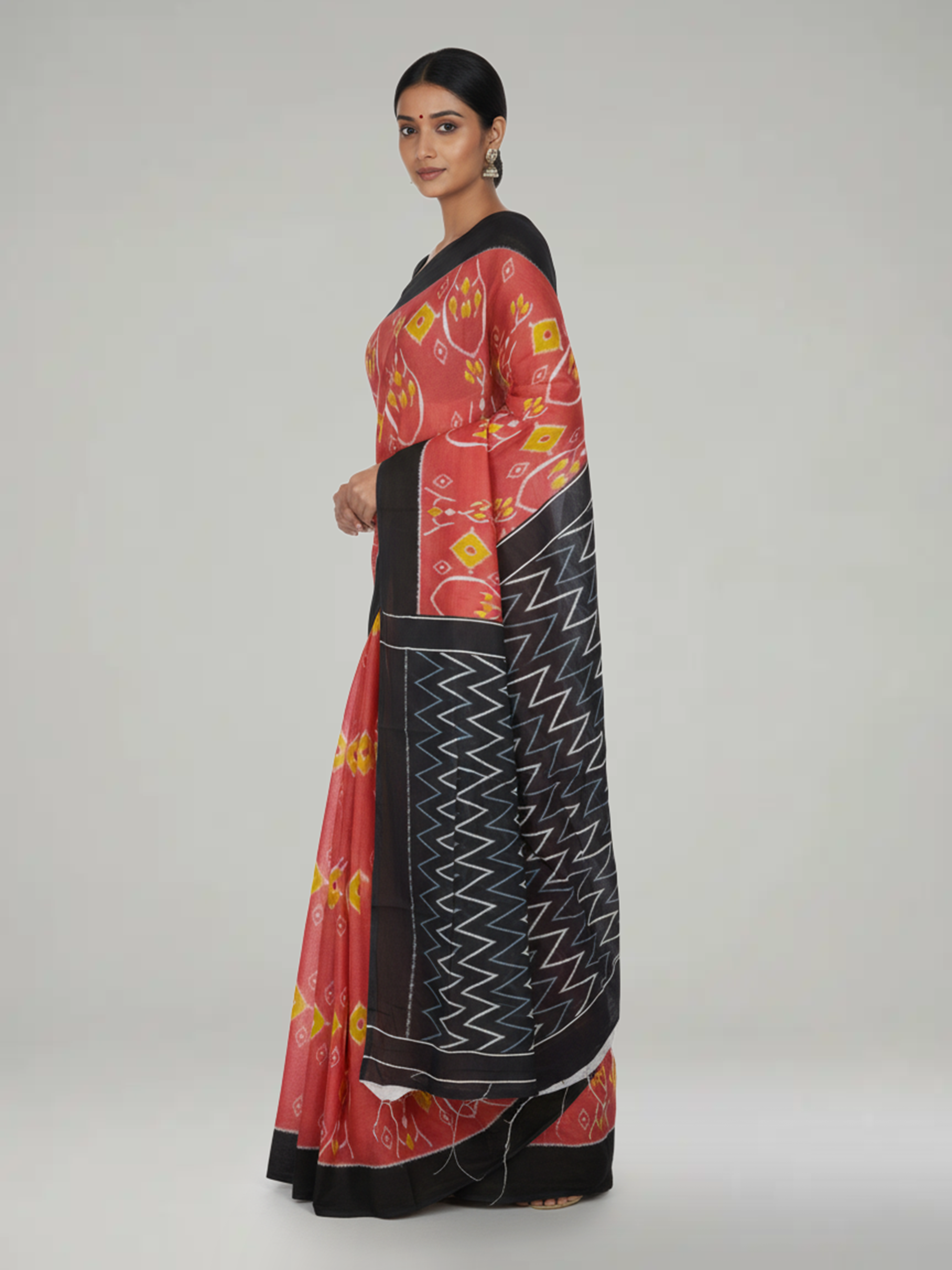 Peach Color Soft Cotton saree With Ikat Pattern