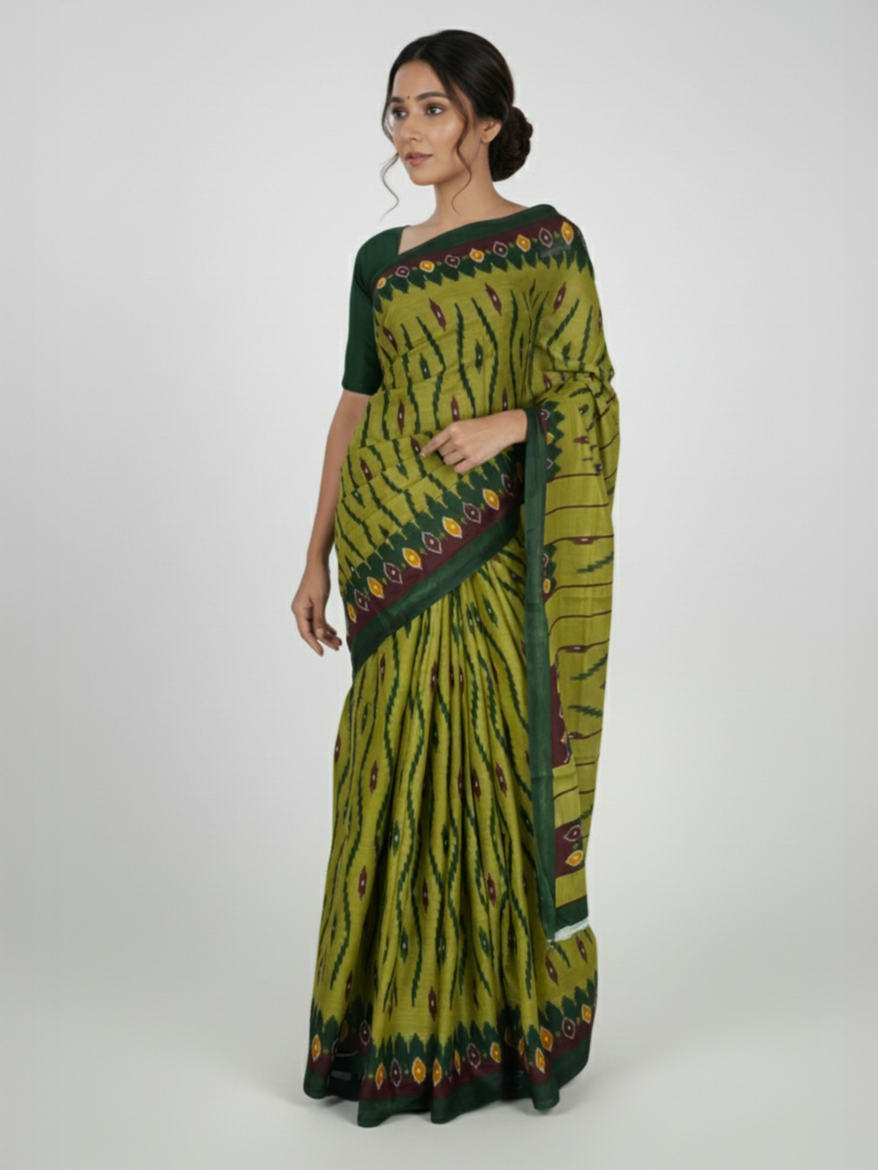 Pear Green Soft Cotton Ikat Patterned saree