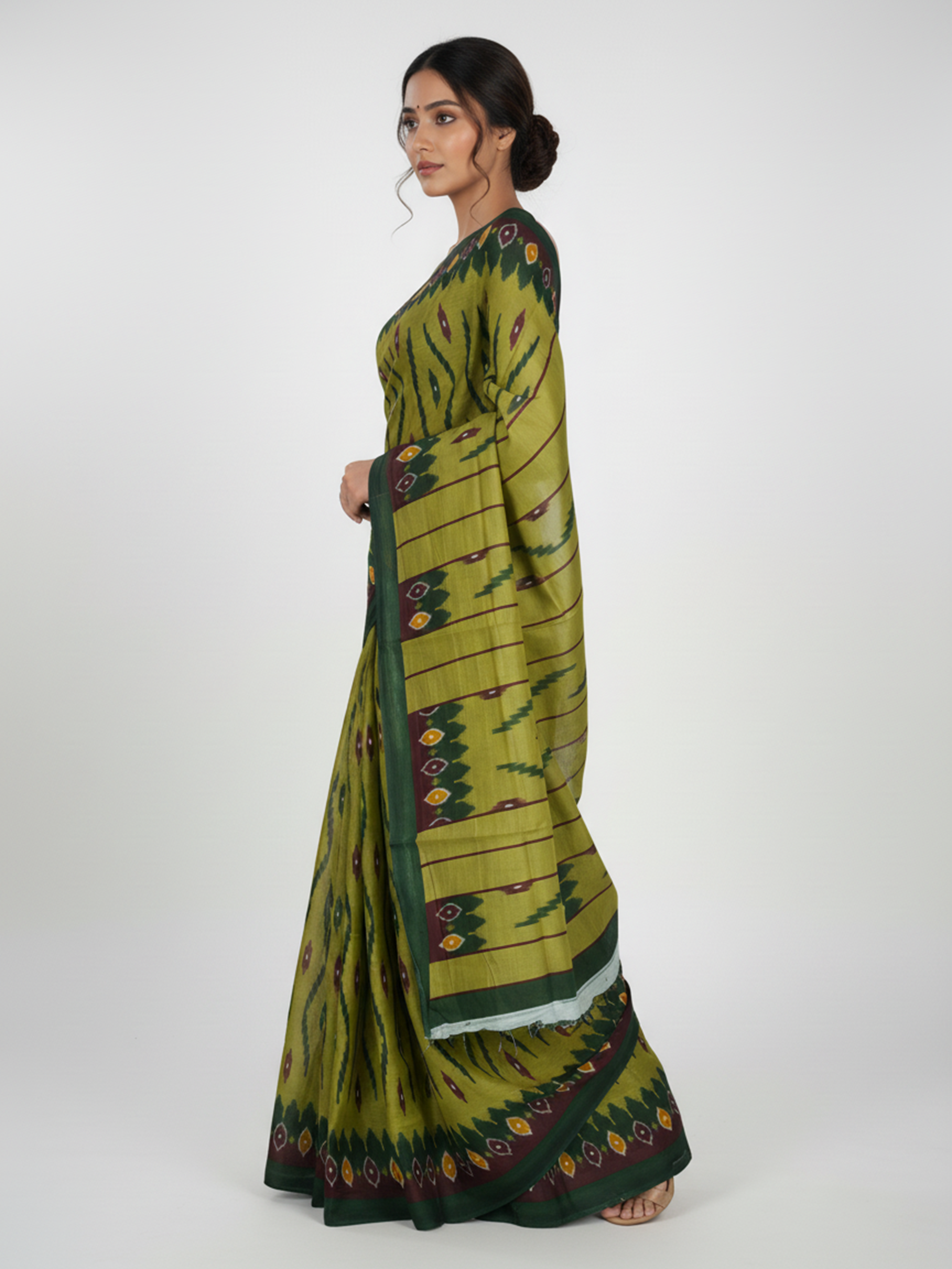 Pear Green Soft Cotton Ikat Patterned saree