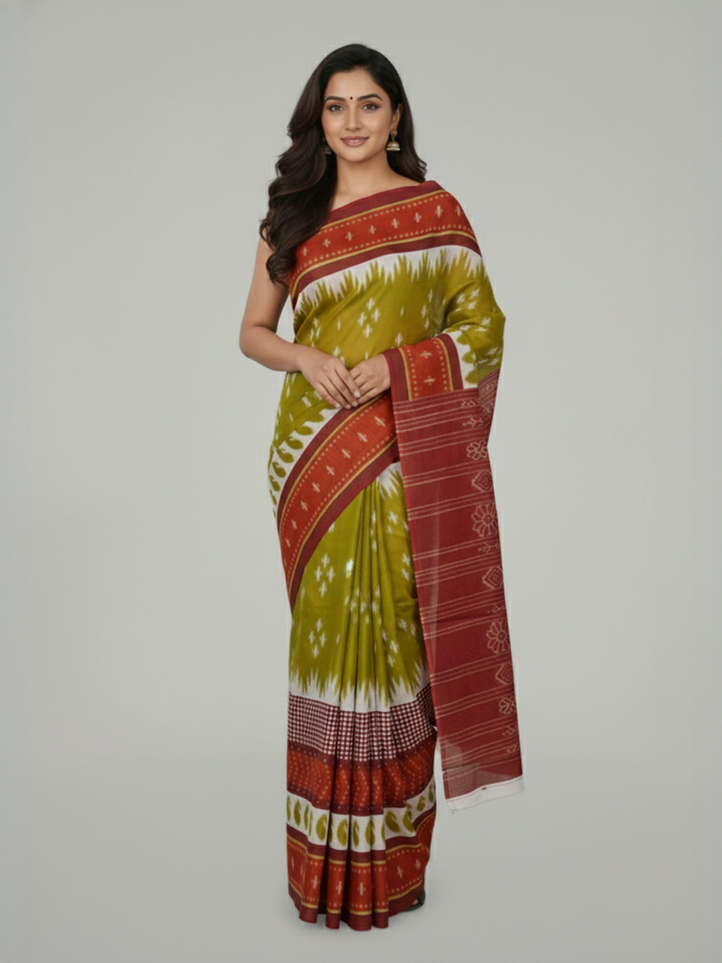 Pear Green Soft Cotton Saree with Ikat Printed Body, Contrast Maroon Printed Pallu