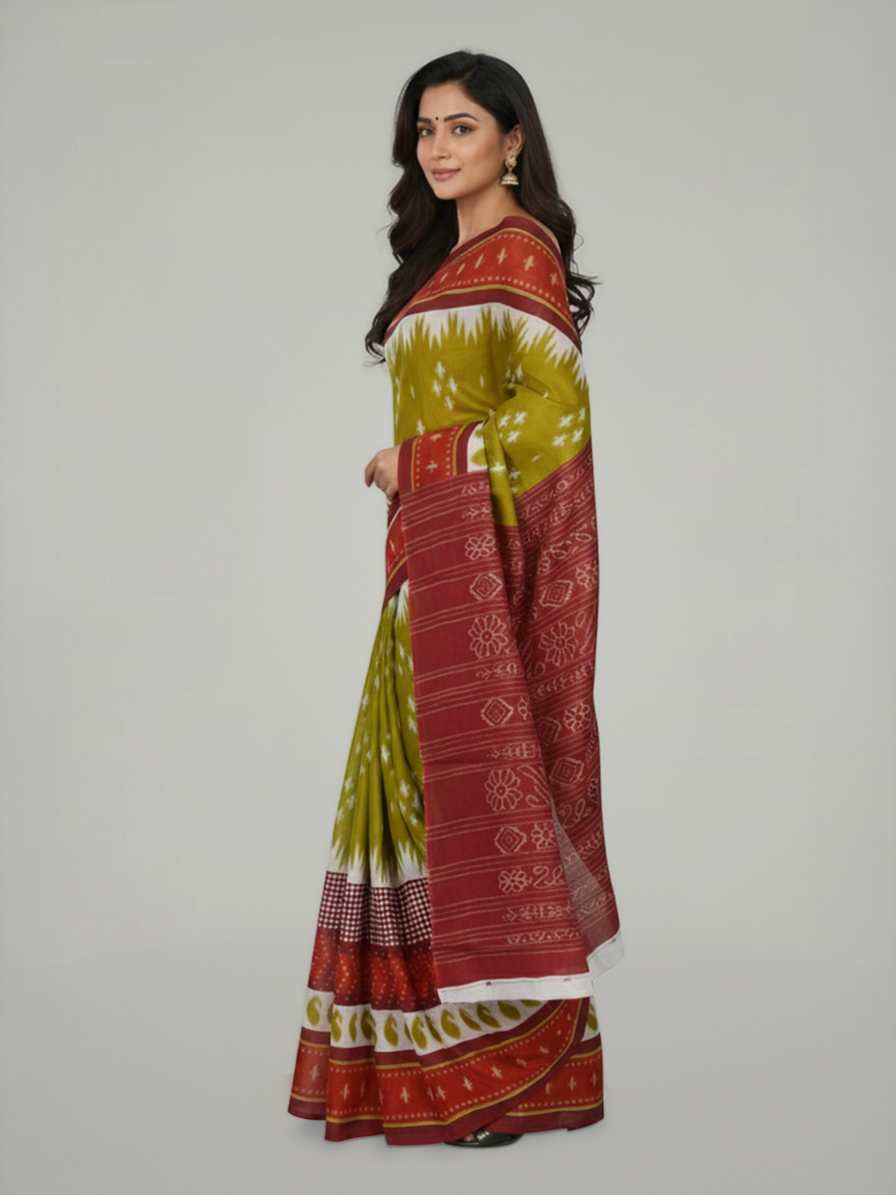 Pear Green Soft Cotton Saree with Ikat Printed Body, Contrast Maroon Printed Pallu