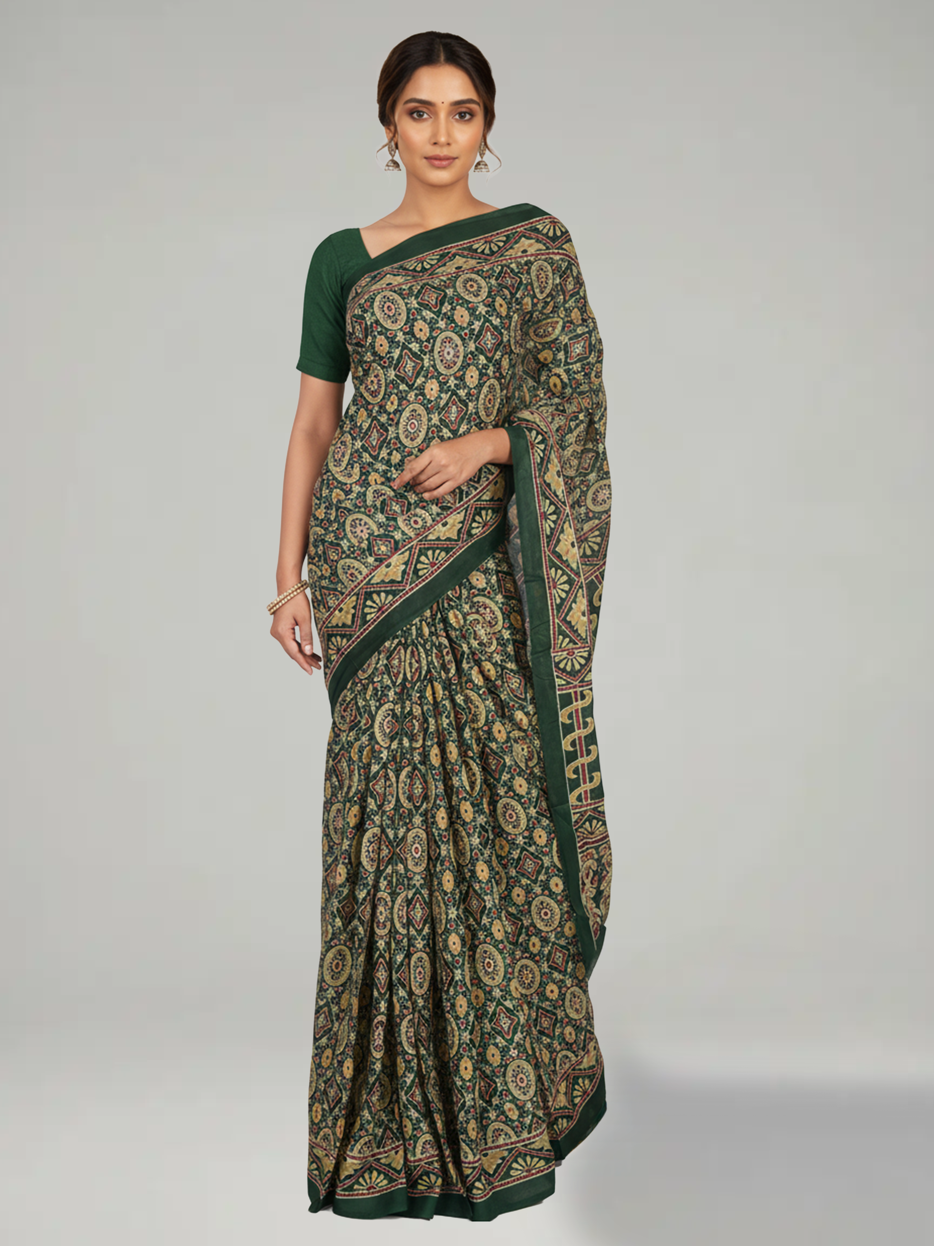 Verdant Green Soft Cotton Saree With Ajrakh Print