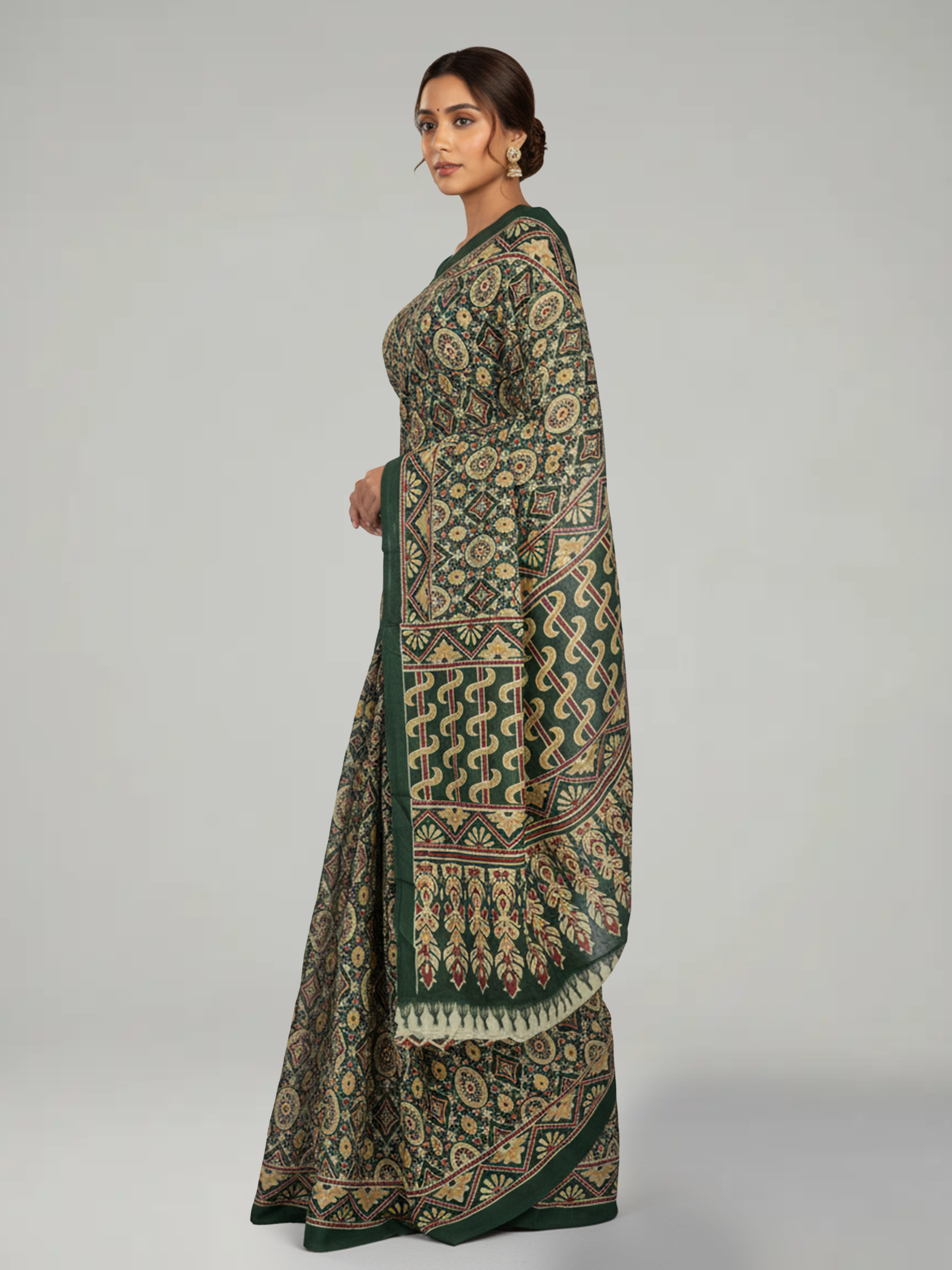 Verdant Green Soft Cotton Saree With Ajrakh Print