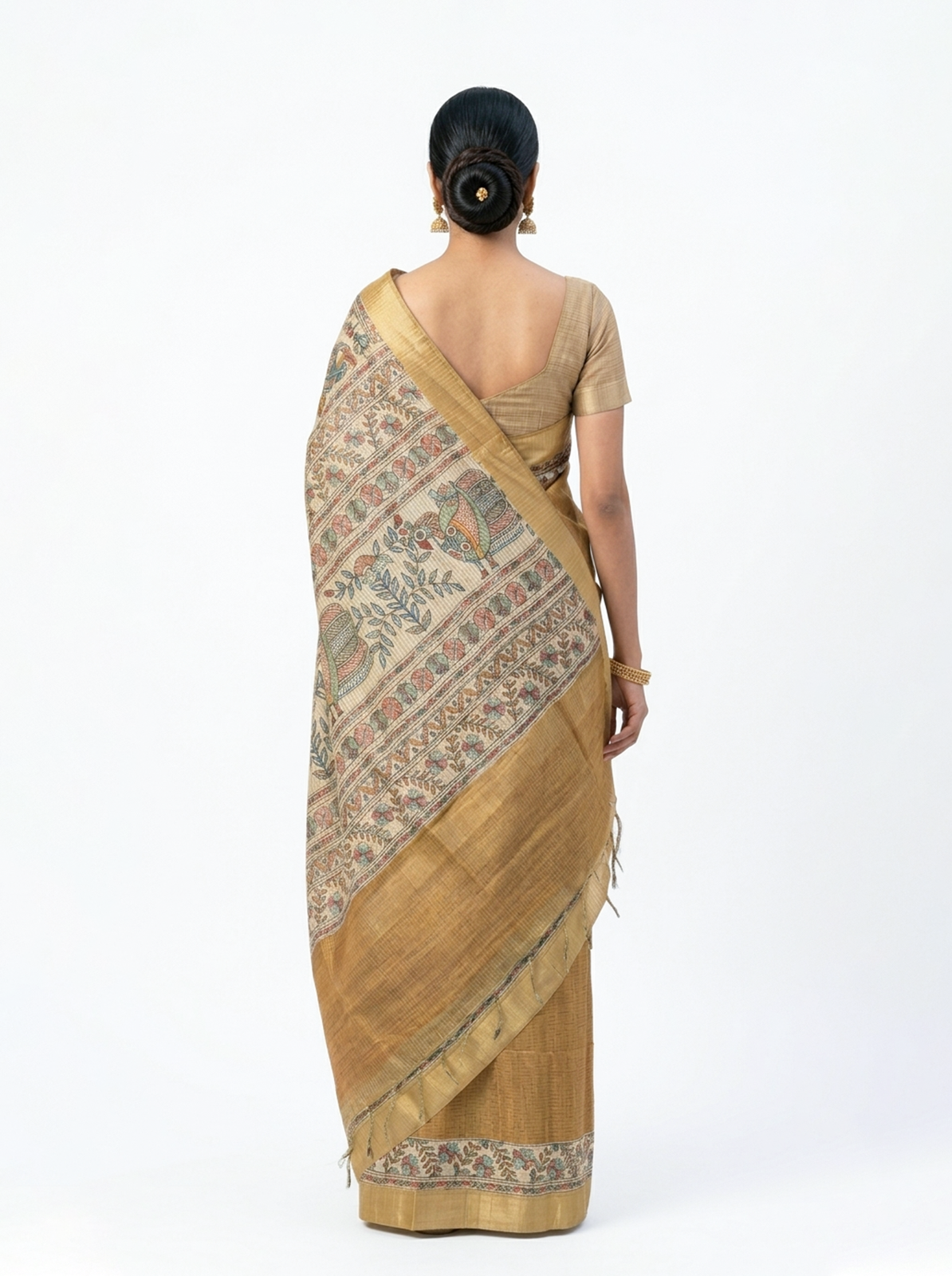 Semi Silk Mustard Brown Fine Check Saree with Floral Border