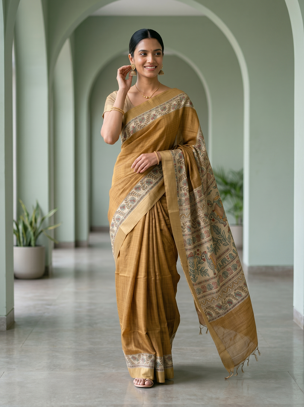 Woman in a traditional mustard yellow saree with a patterned border standing in an elegant hallway.