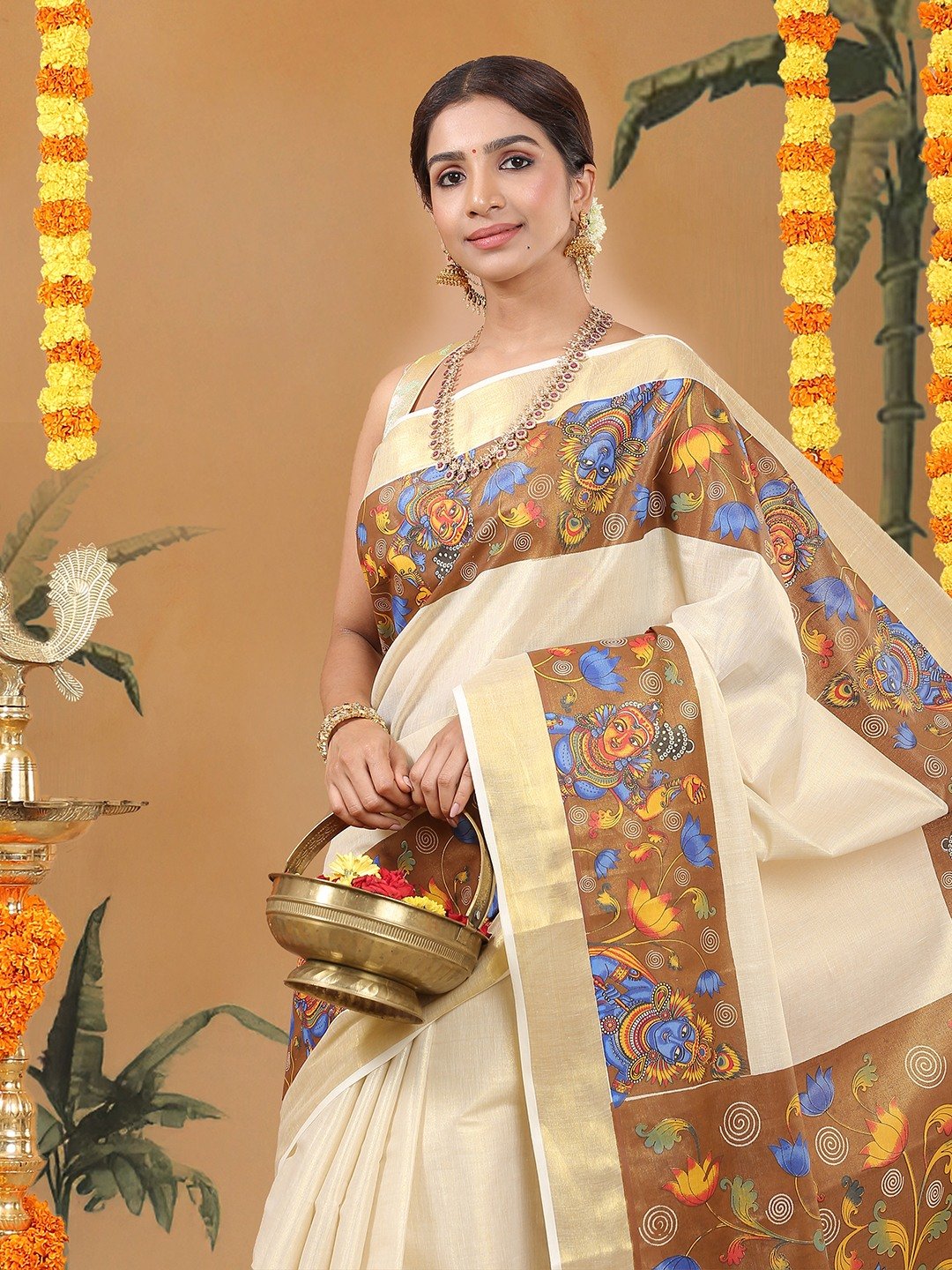 Tissue Golden Set Saree with Krishna-Radha Prints on Brown Base Border