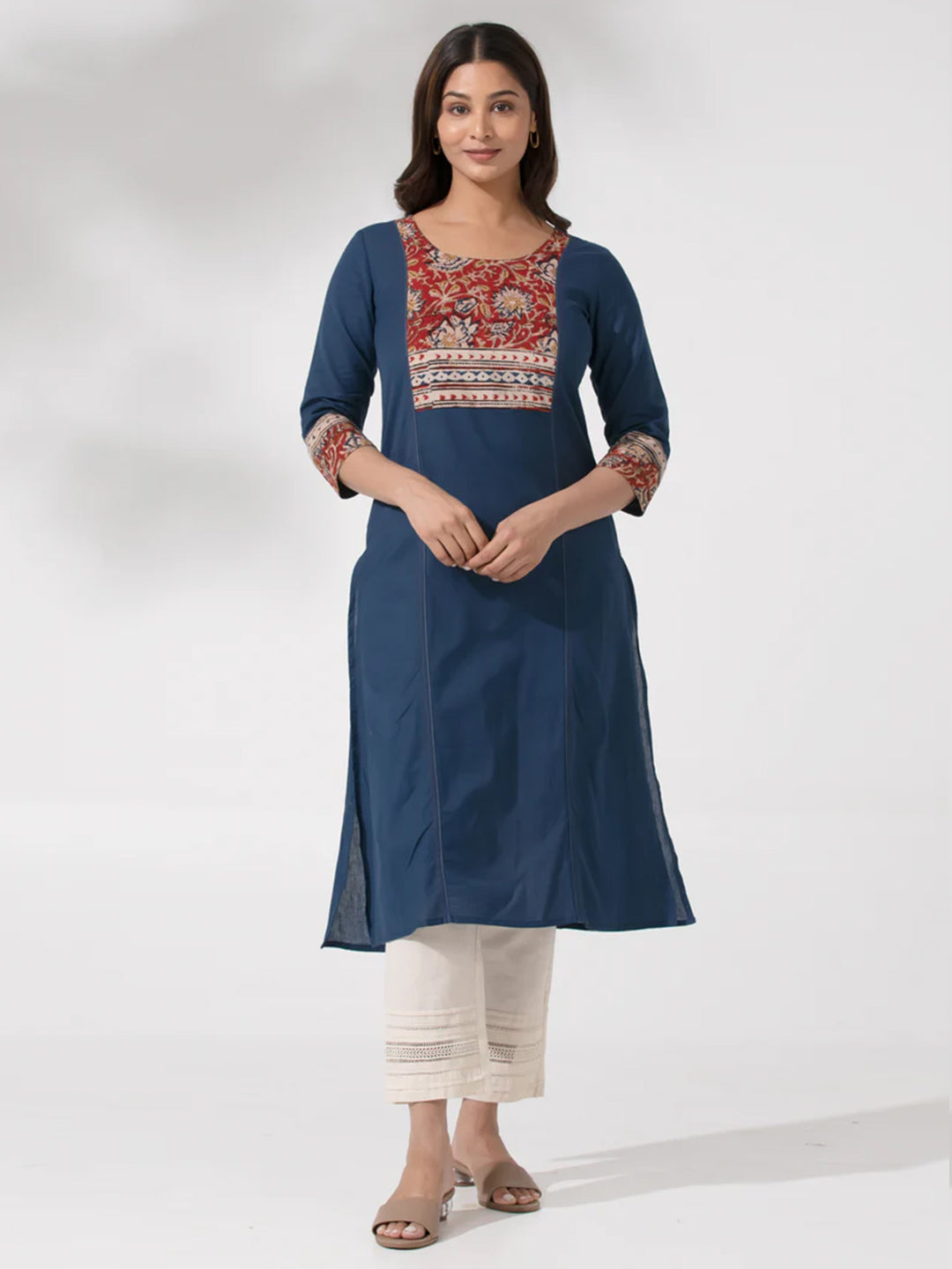 Solid Blue Kurta intricated with Kalamkari Design