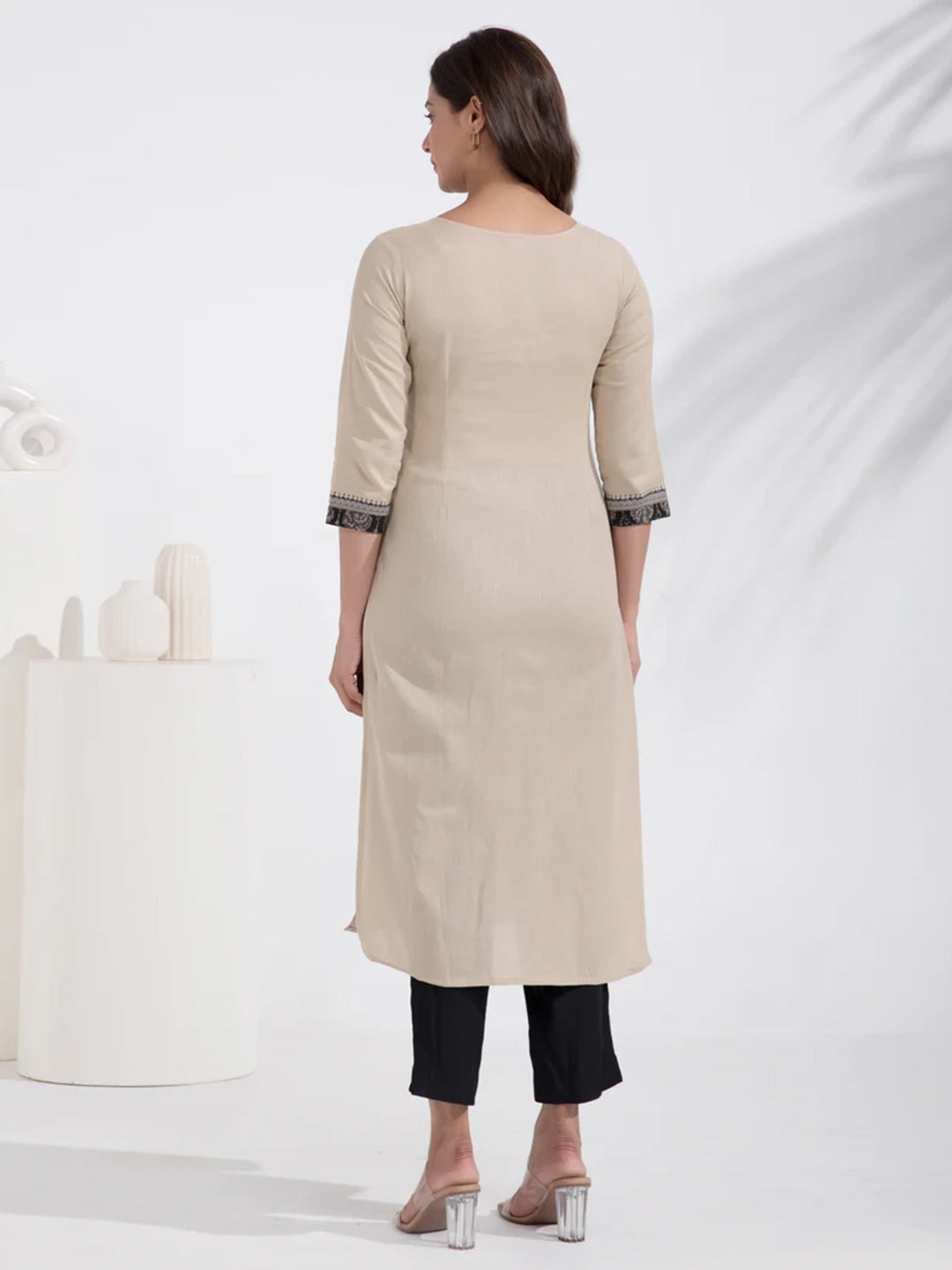 Kalamkari Printed Paneled Beige Cotton Kurta