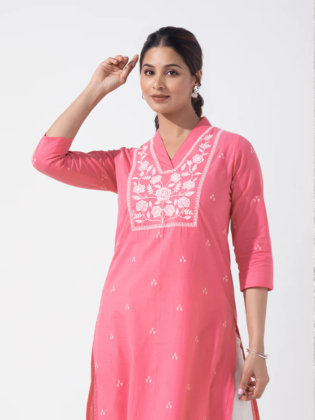 Floral Embroidered Peach Pink Cotton Kurta