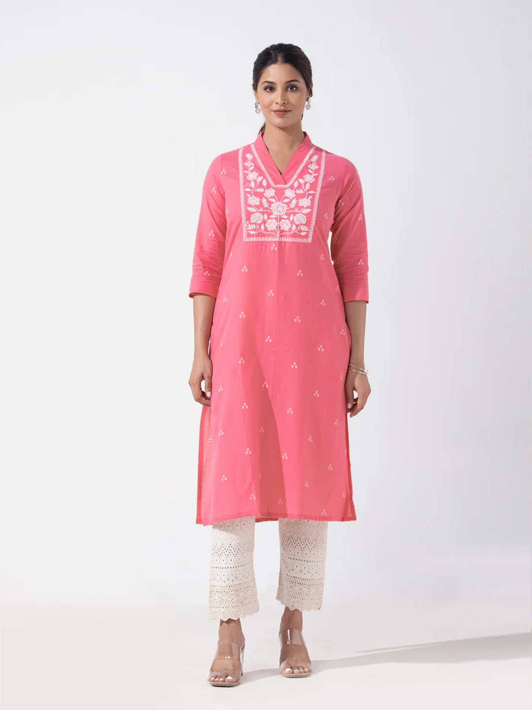 Floral Embroidered Peach Pink Cotton Kurta