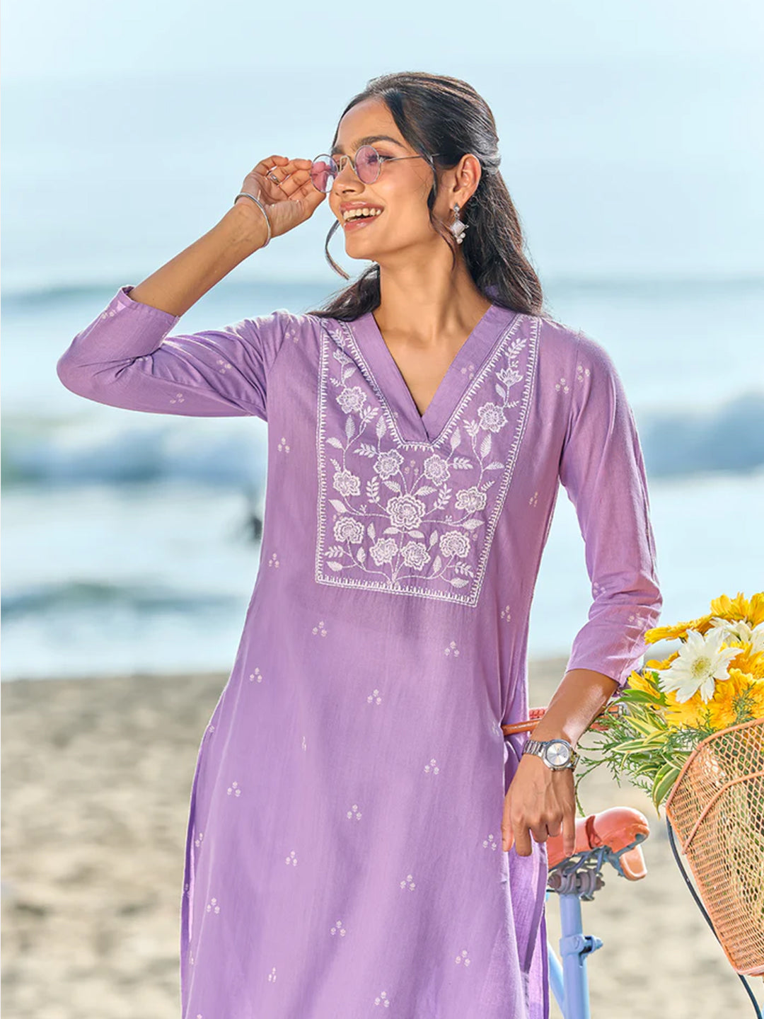 Floral Embroidered Purple Cotton Kurta