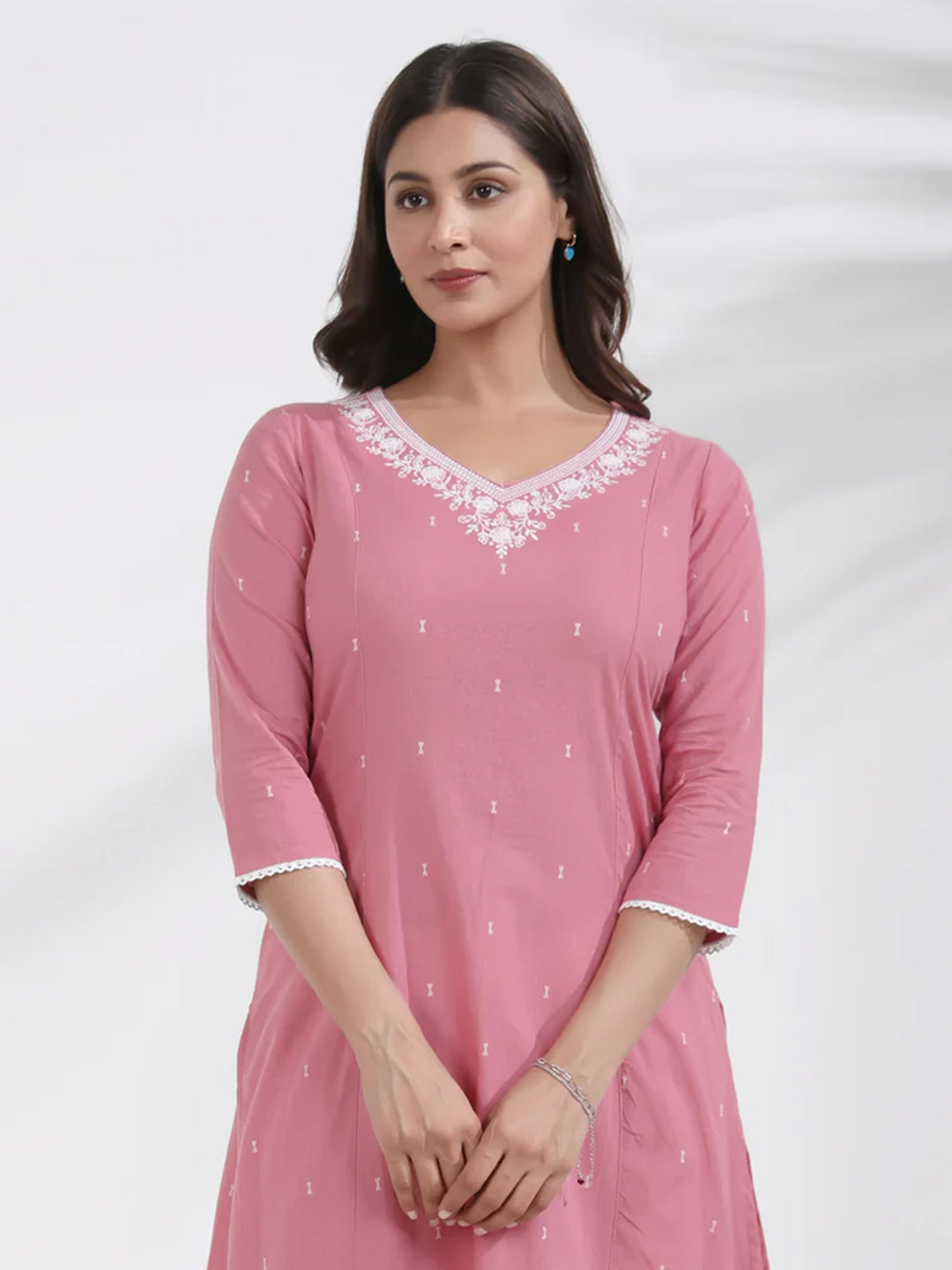 Floral Embroidered Pink Cotton Dobby Kurta