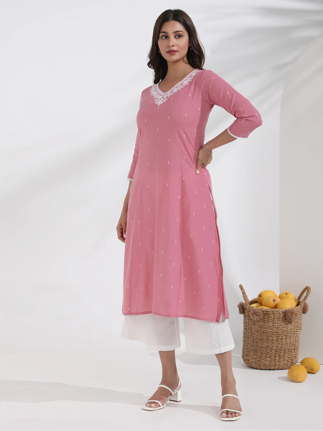 Floral Embroidered Pink Cotton Dobby Kurta