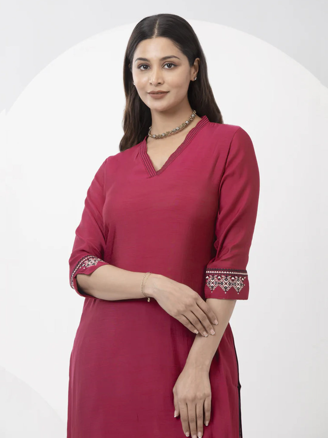 Kurta with Contrast Embroidered Sleeves - Pink