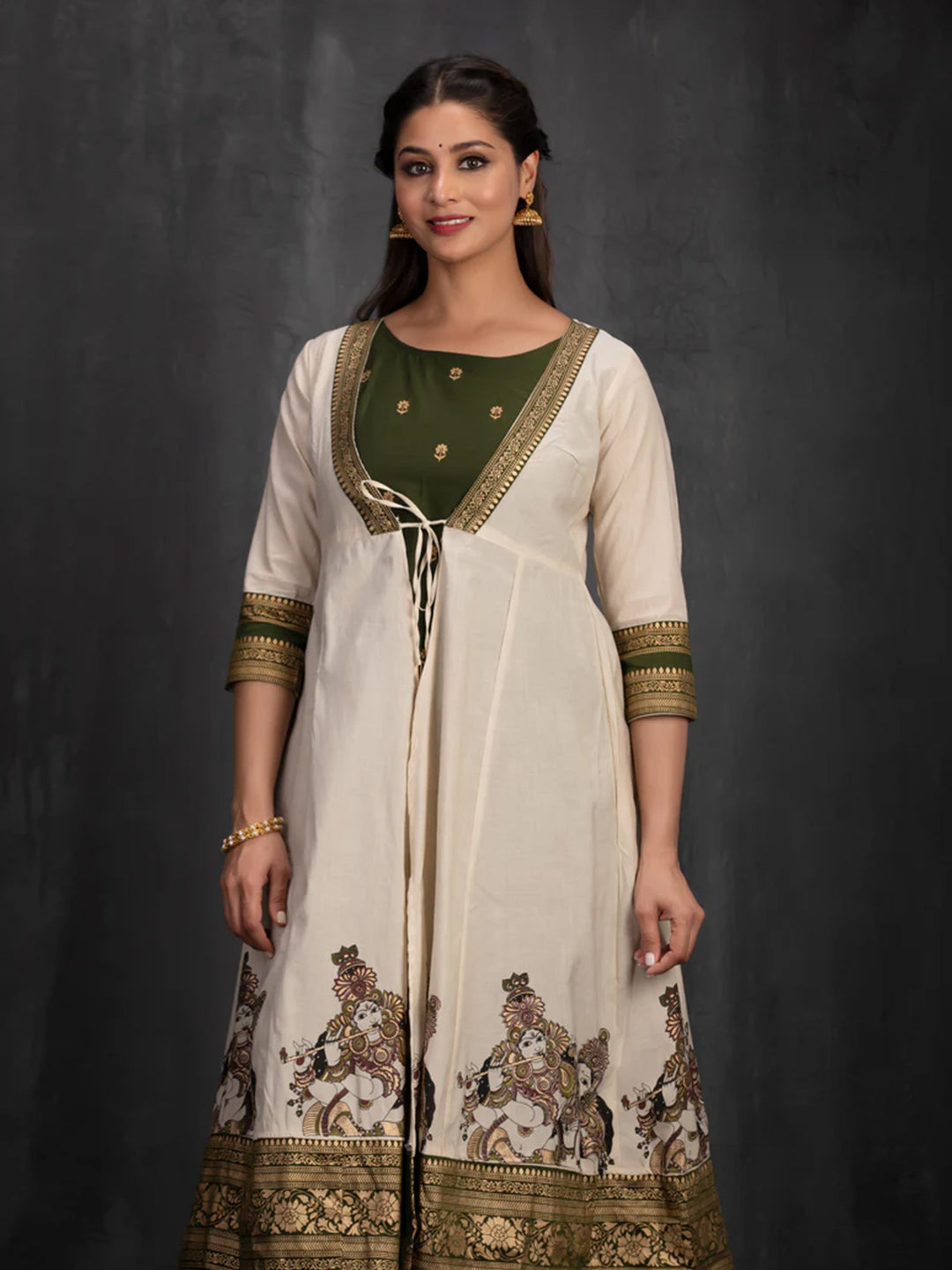 Olive Green A-Line Kurta with Mural Print Outer in Kota Khaki