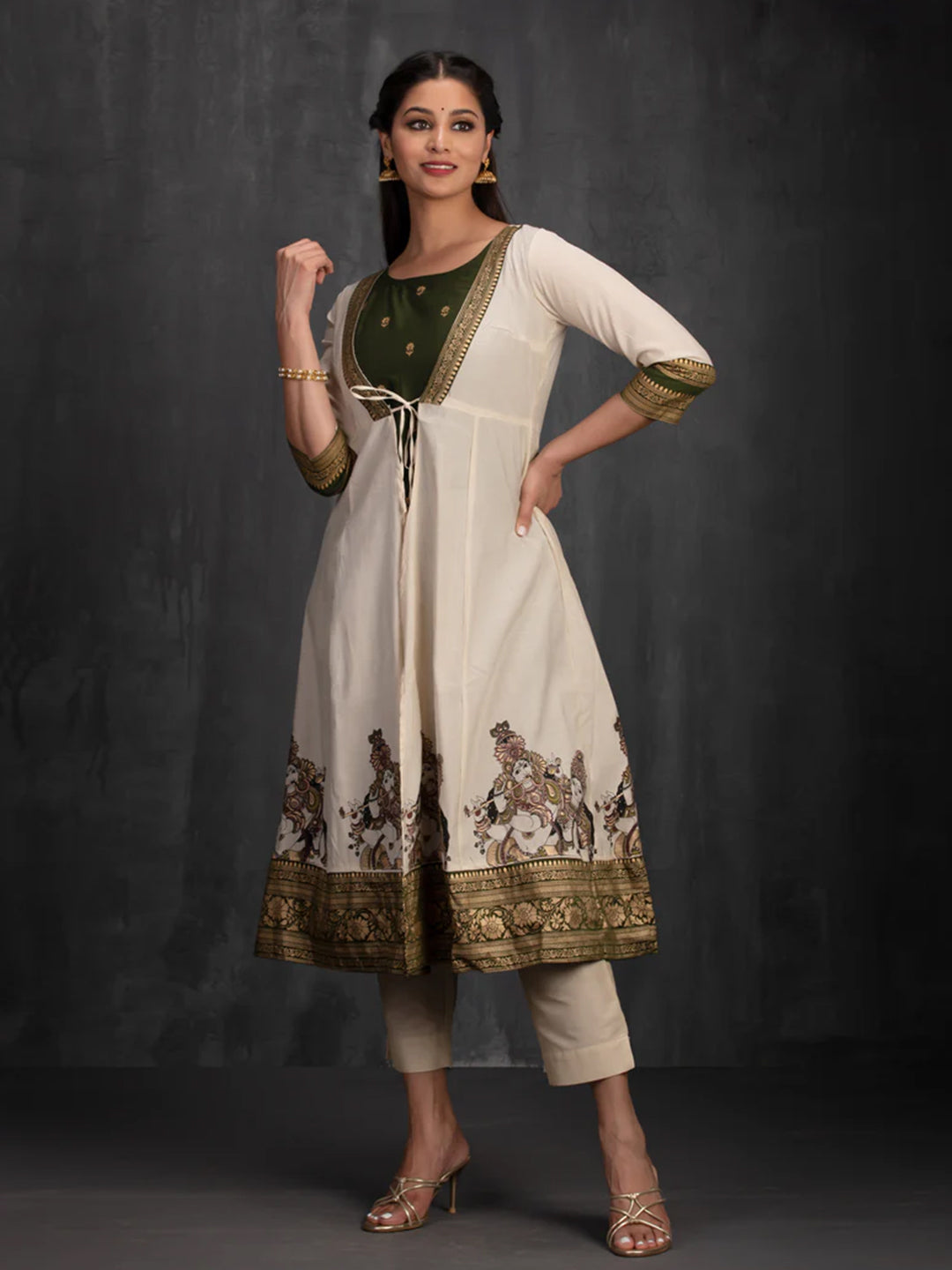 Olive Green A-Line Kurta with Mural Print Outer in Kota Khaki