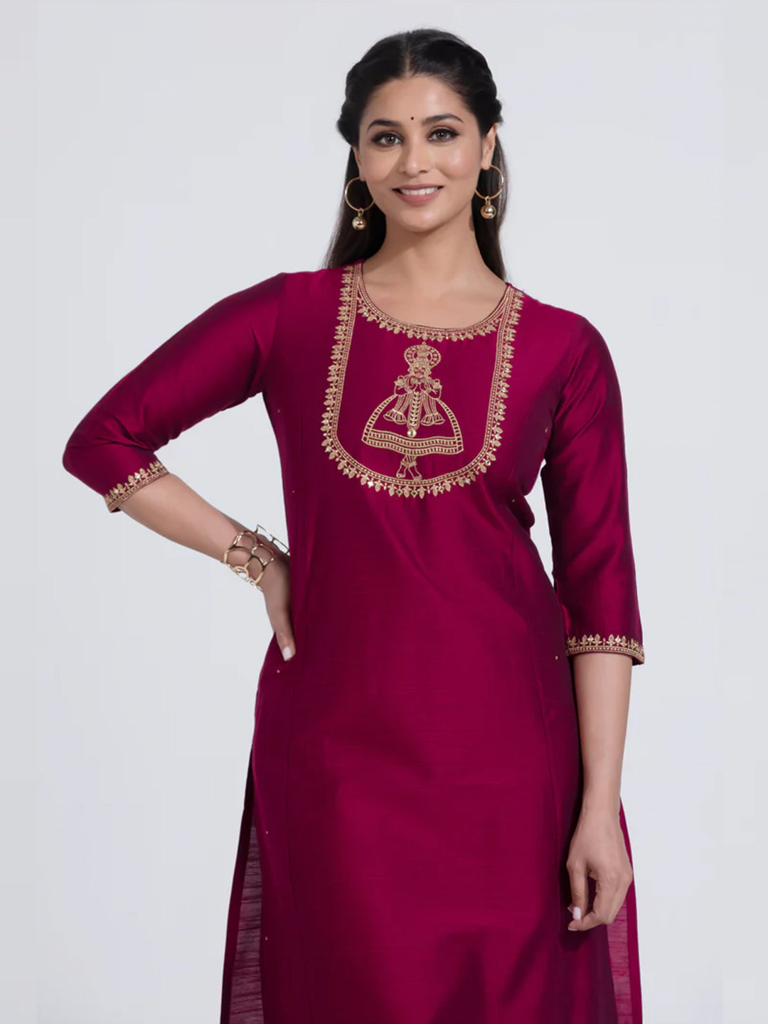 Wine Coloured Straight Kurta with Kathakali Design & Foil Mirror