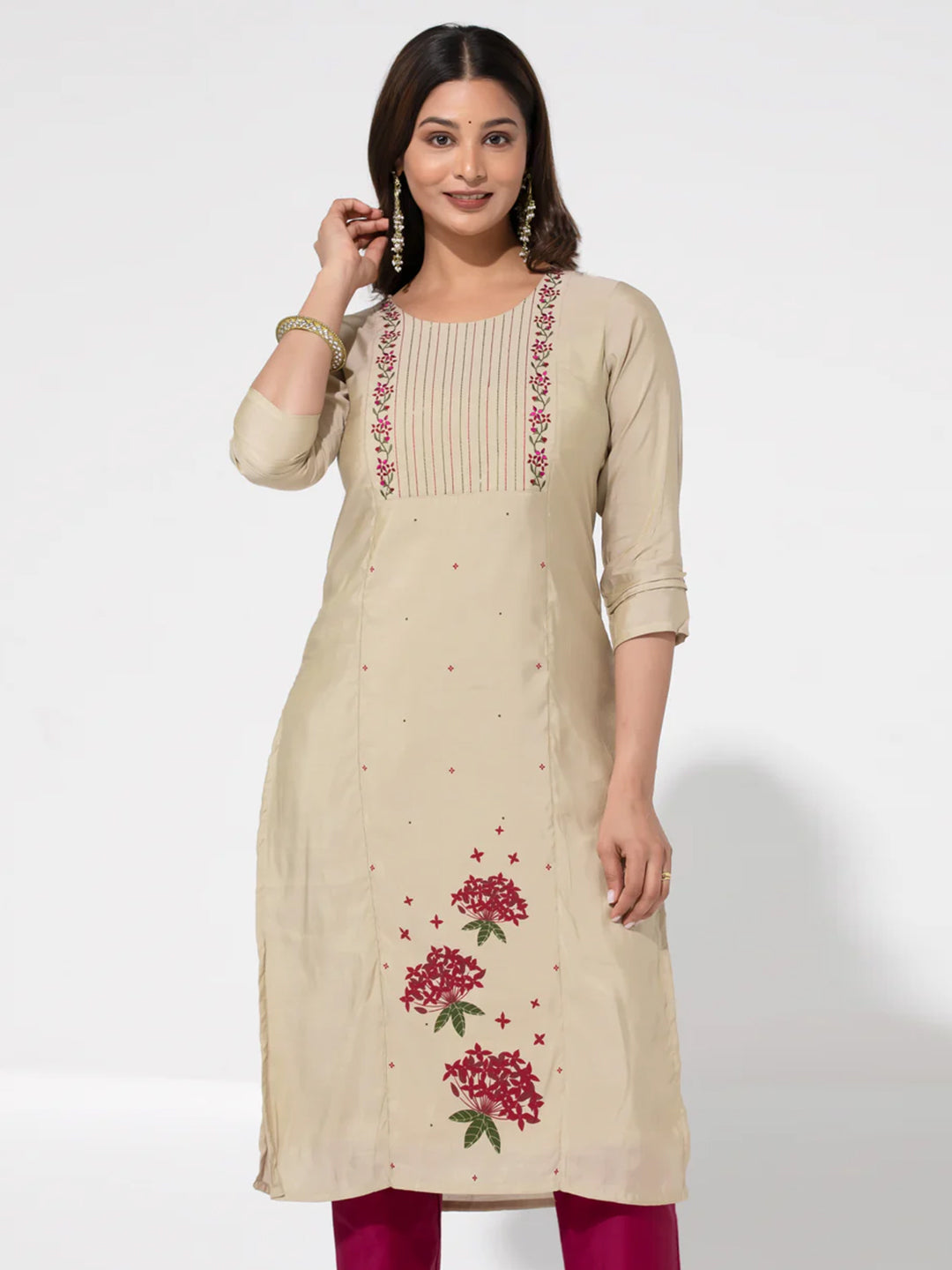 Beige Floral Design Embroidered Kurta in Viscose – Onam Special