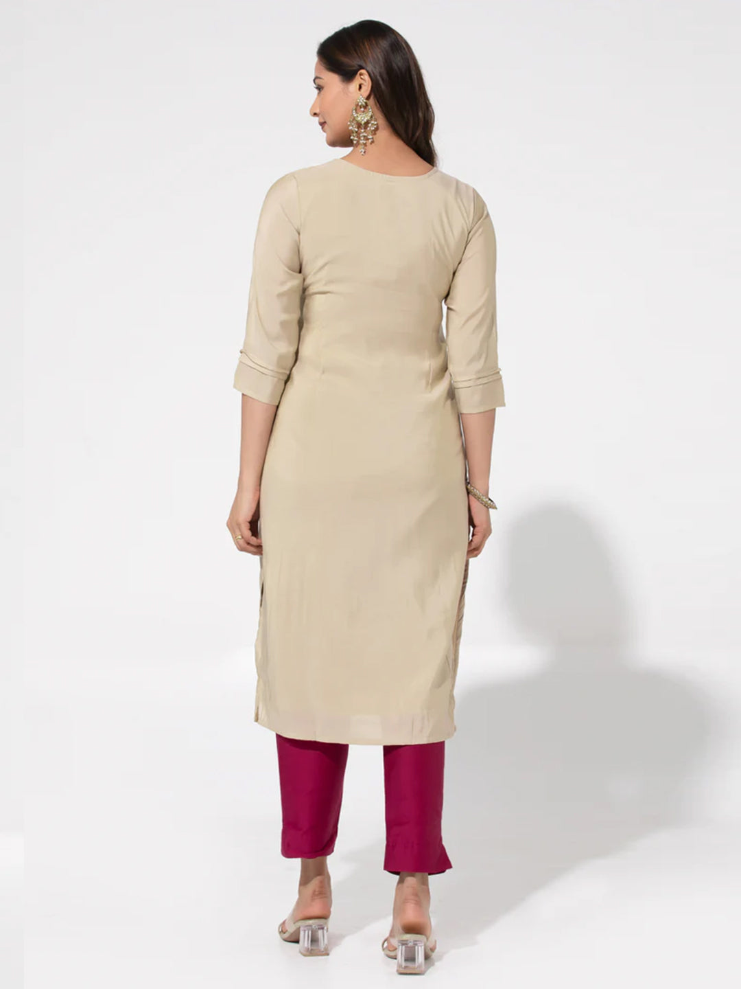 Beige Floral Design Embroidered Kurta in Viscose – Onam Special